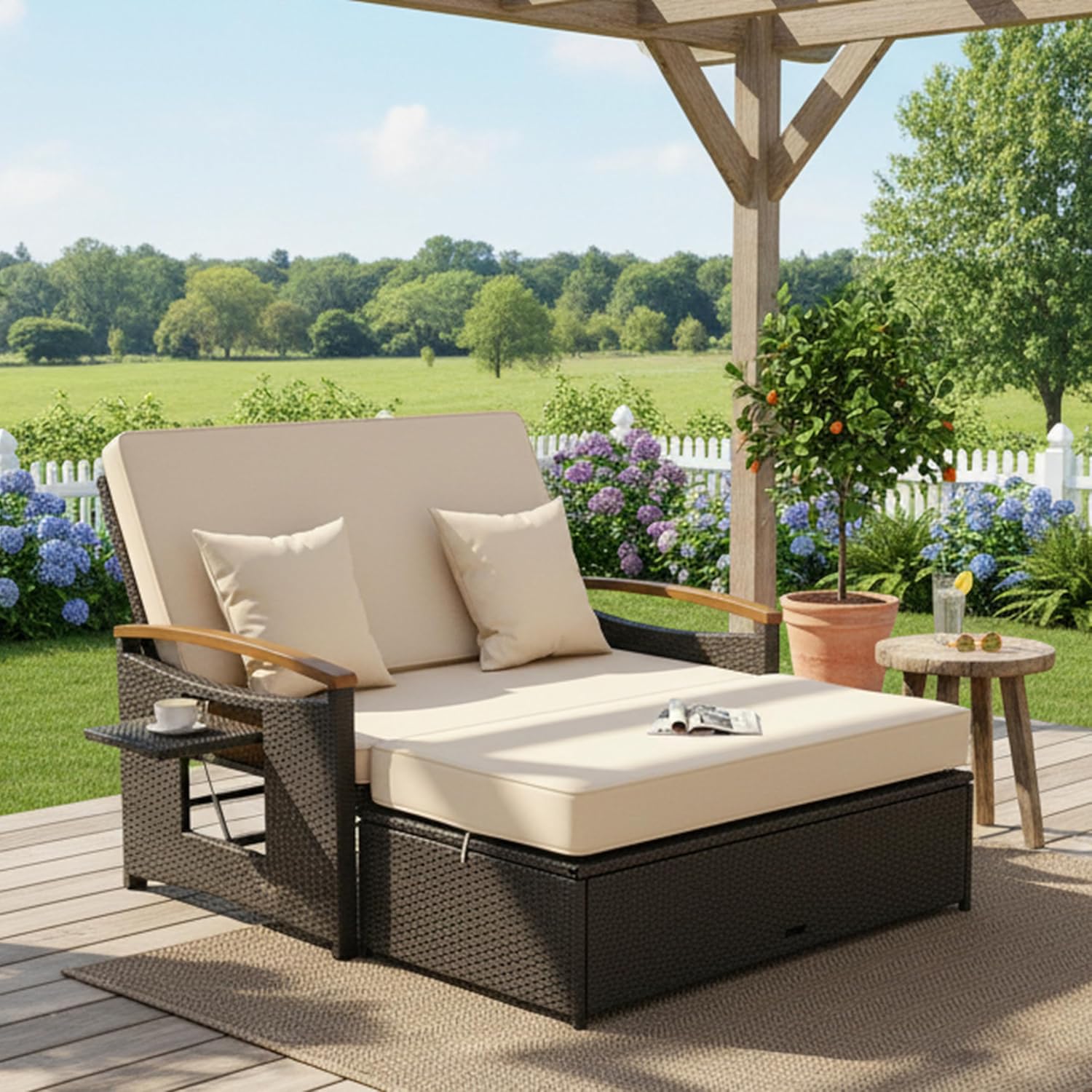 Tangkula Patio Rattan Daybed with 4-Level Adjustable Backrest, Outdoor Wicker Loveseat with Acacia Wood Armrest, Storage Ottoman & Folding Tray, Double Sunbed Lounger for Balcony, Backyard & Poolside