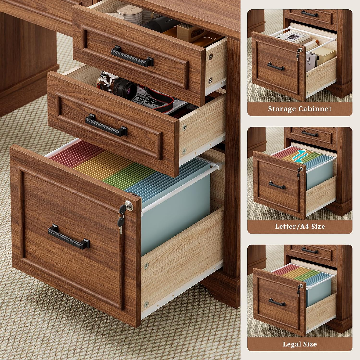 UPOSOJA 60'' Farmhouse Executive Desk with Drawers, Home Office Desk with Power Outlet & LED Light, Wood Computer Desk with Monitor Stand, Locking File Drawer, Glass Storage Cabinet, Hooks