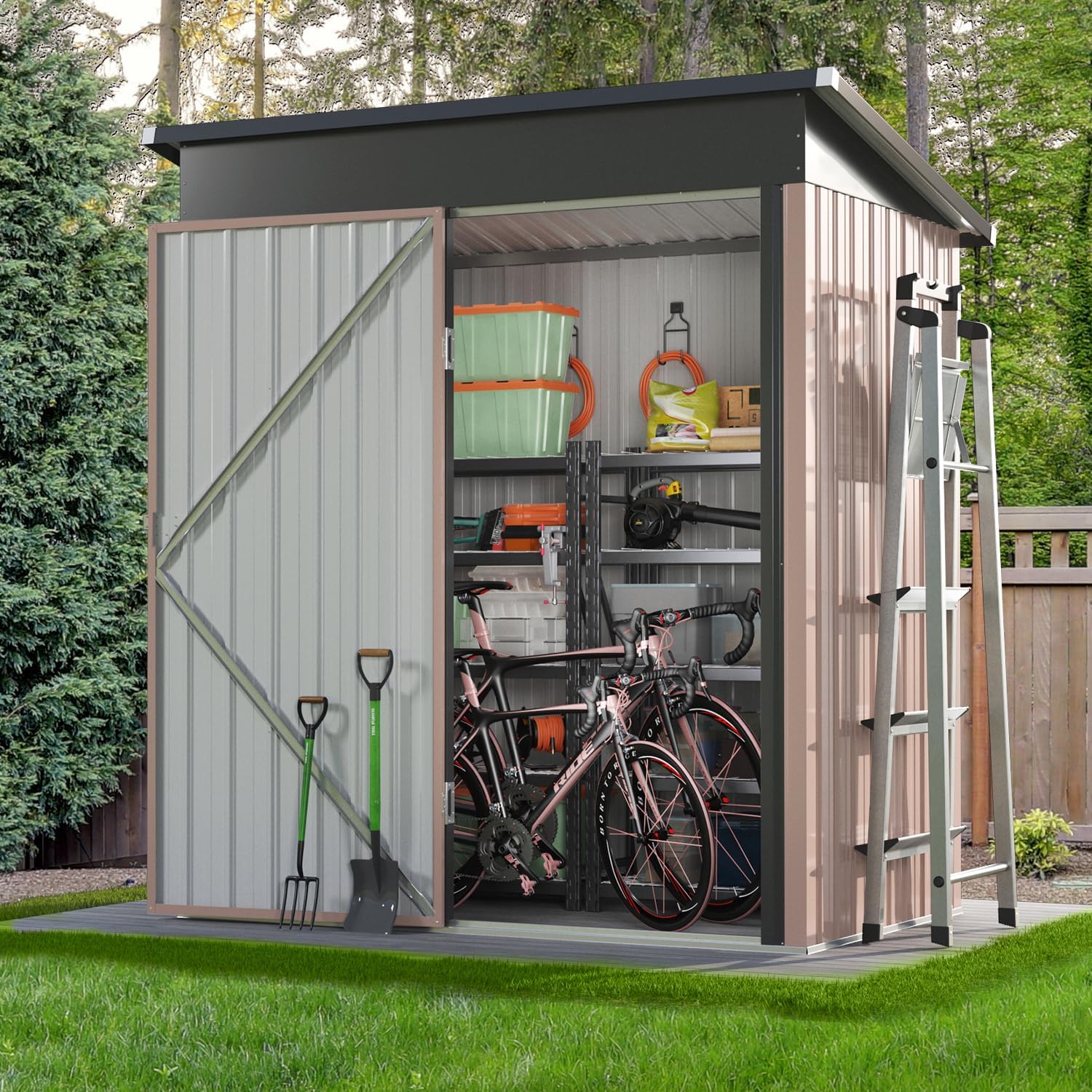 Aoxun 5x2.7 FT Outdoor Metal Storage Shed - Durable Water-Resistant Galvanized Steel, Sloping Roof Design, Lockable Door - Ideal for Tool Storage on Lawn, Patio & Backyard (Brown)