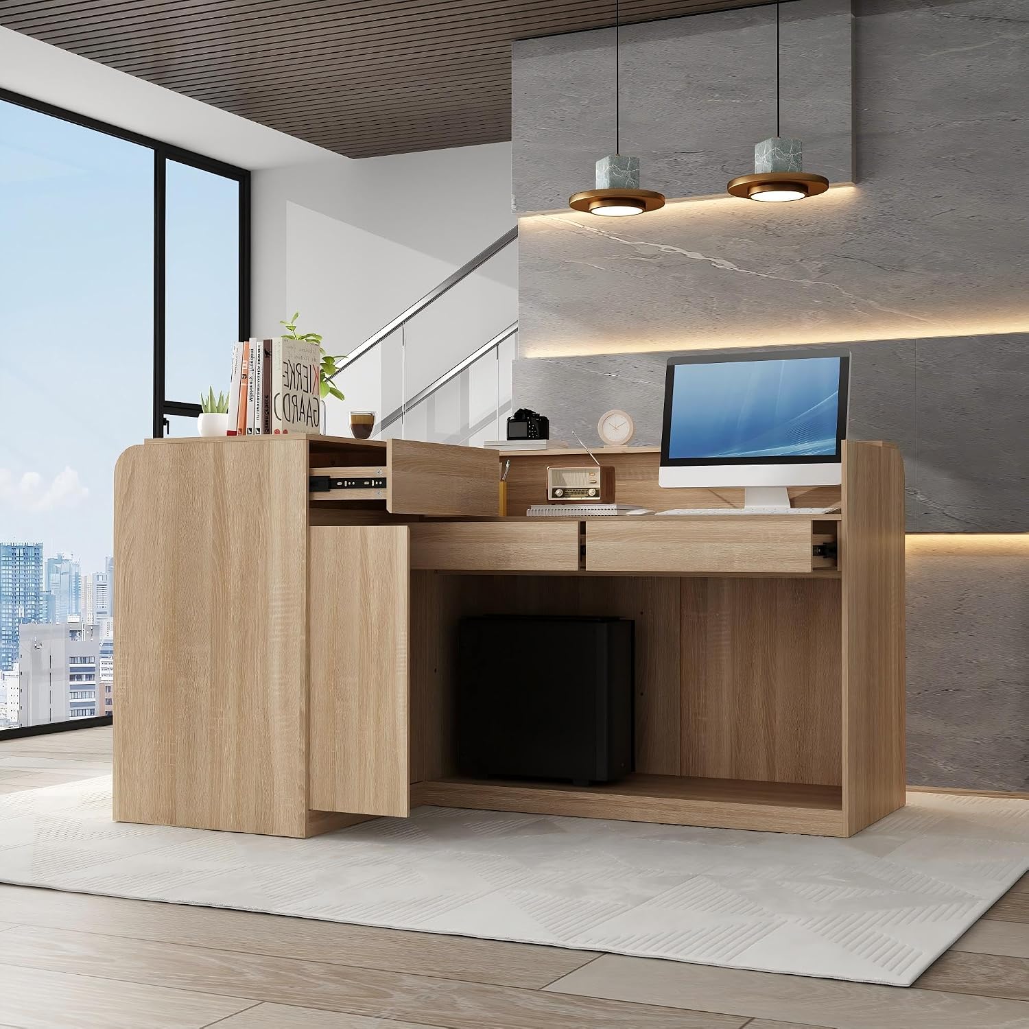 ECACAD 70.9' Large L-Shaped Reception Desk with 3 Drawers, 15 Open Shelves, Counter Top & Monitor Stand, Office Desk Reception Counter Table with File Cabinet, Brown