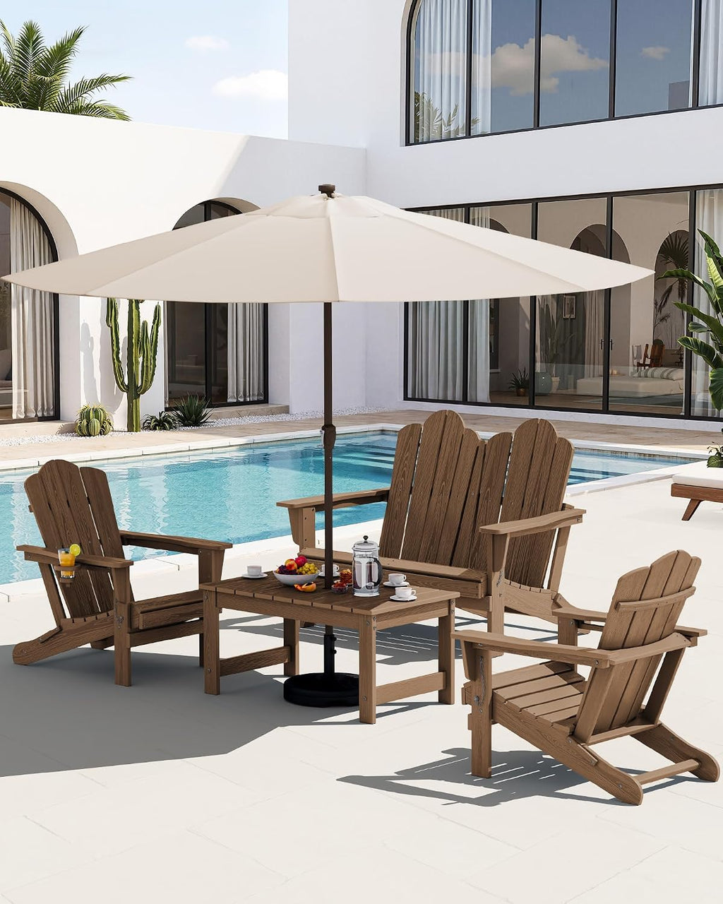 SERWALL 5 Pieces HDPE Patio Adirondack Chair Set, 2 Adirondack Chair with Cup Holder & 2 Adirondack Bench & 1 Coffee Table with Umbrella Hole, Brown
