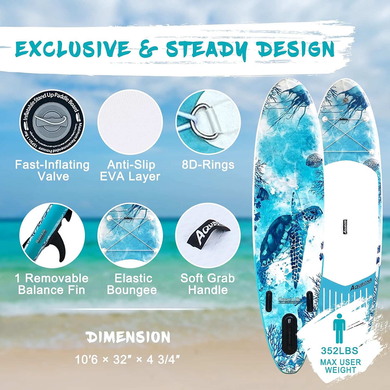 10'6'/11'Inflatable Stand Up Paddle Board Yoga Traveling Board for Surfing Everything Included with Adj Floating Paddle, Hand Pump, ISUP Travel Backpack, Leash, Fin.