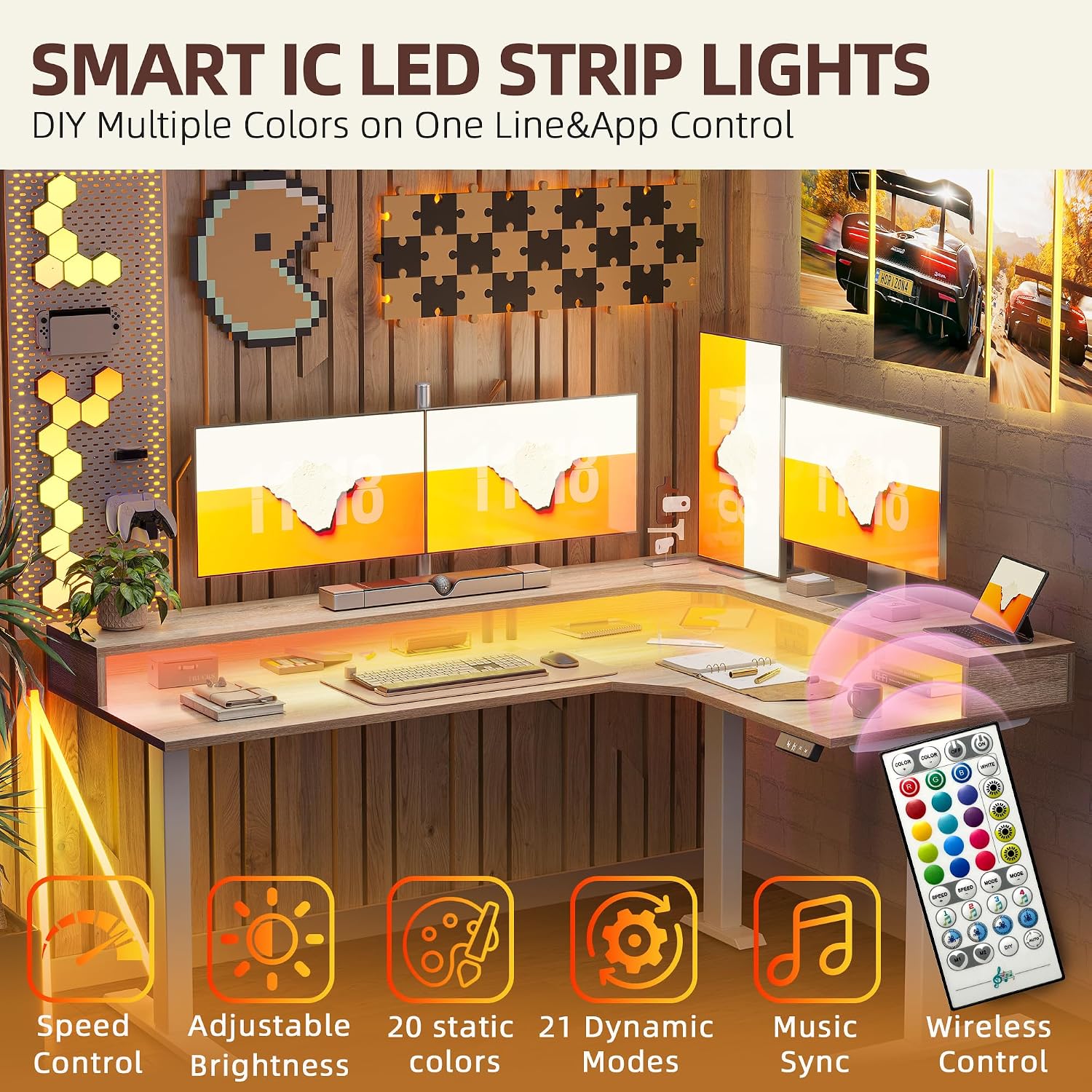 TIQLAB 63'' L-Shaped Standing Desk with LED Light Strip and Power Outlet, Height Adjustable Corner Table with Ergonomic Monitor Stand, Maple