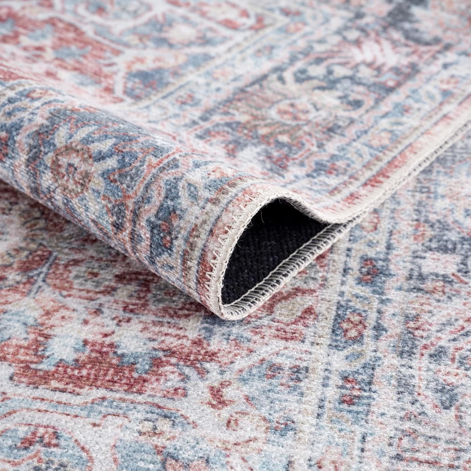 Bloom Rugs Caria Washable Non-Slip 8x10 Rug - Brick/Dark Blue Traditional Area Rug for Living Room, Bedroom, Dining Room, and Kitchen - Exact Size: 7'8' x 10'