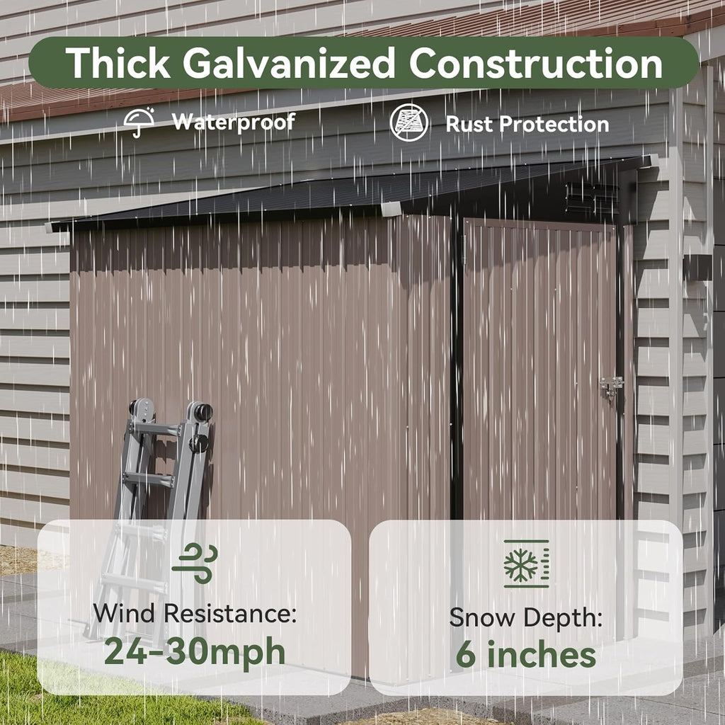 6'x4' Lean to Shed Galvanized Steel Storage Sheds with Side Door Waterproof Utility Shed with Sloped Roof for Mower, Bike, Garden Tools (Brown)