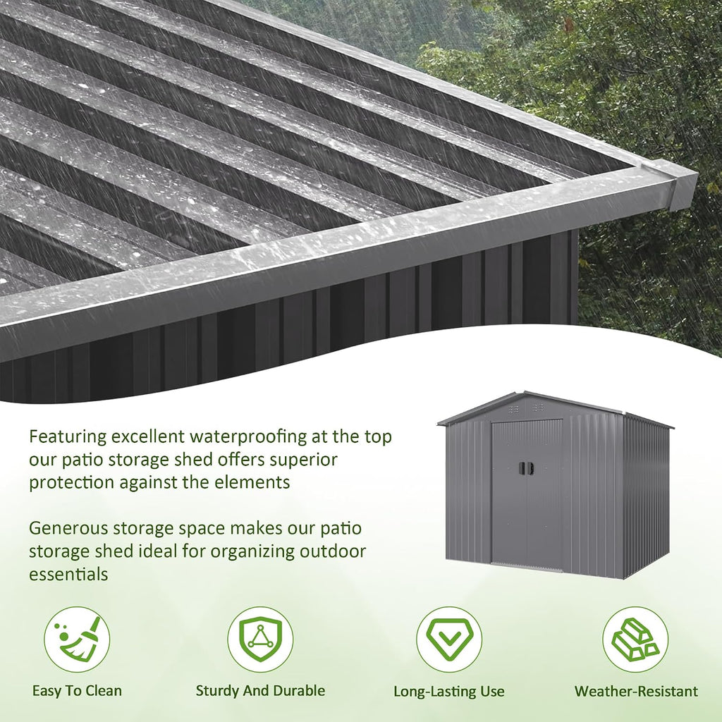 DAUSOLA 8x6 FT Outdoor Storage Shed, Metal Garden Tool Shed with Updated Frame Structure and Lockable Doors, Ideal for Backyard Garden Patio Lawn, Grey