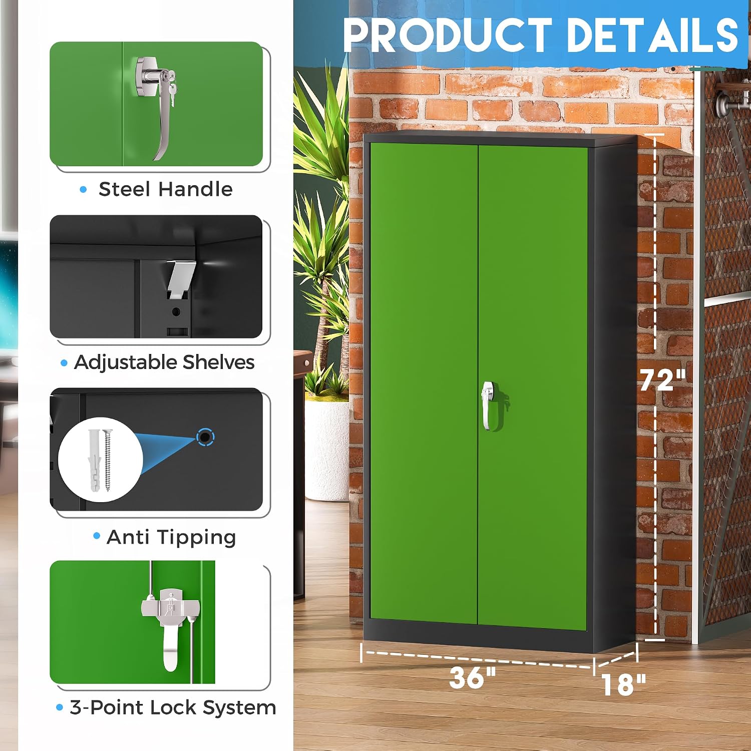 Greenvelly Metal Storage Cabinet,72' Steel Storage Cabinets with Doors and Adjustable Shelves, Metal Tool Cabinets, Locking File Cabinet for Home Office, Garage, School (Black Green36 Wx18 D)