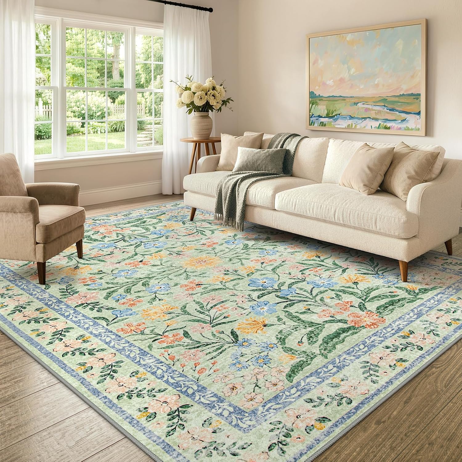 Morebes Washable Area Rugs for Bedroom 9x12, Boho Floral Rugs for Living Room Non Slip, Soft Thin Distressed Cottage Core Carpet for Nursery Girls Room Dinning Room Kids Playroom
