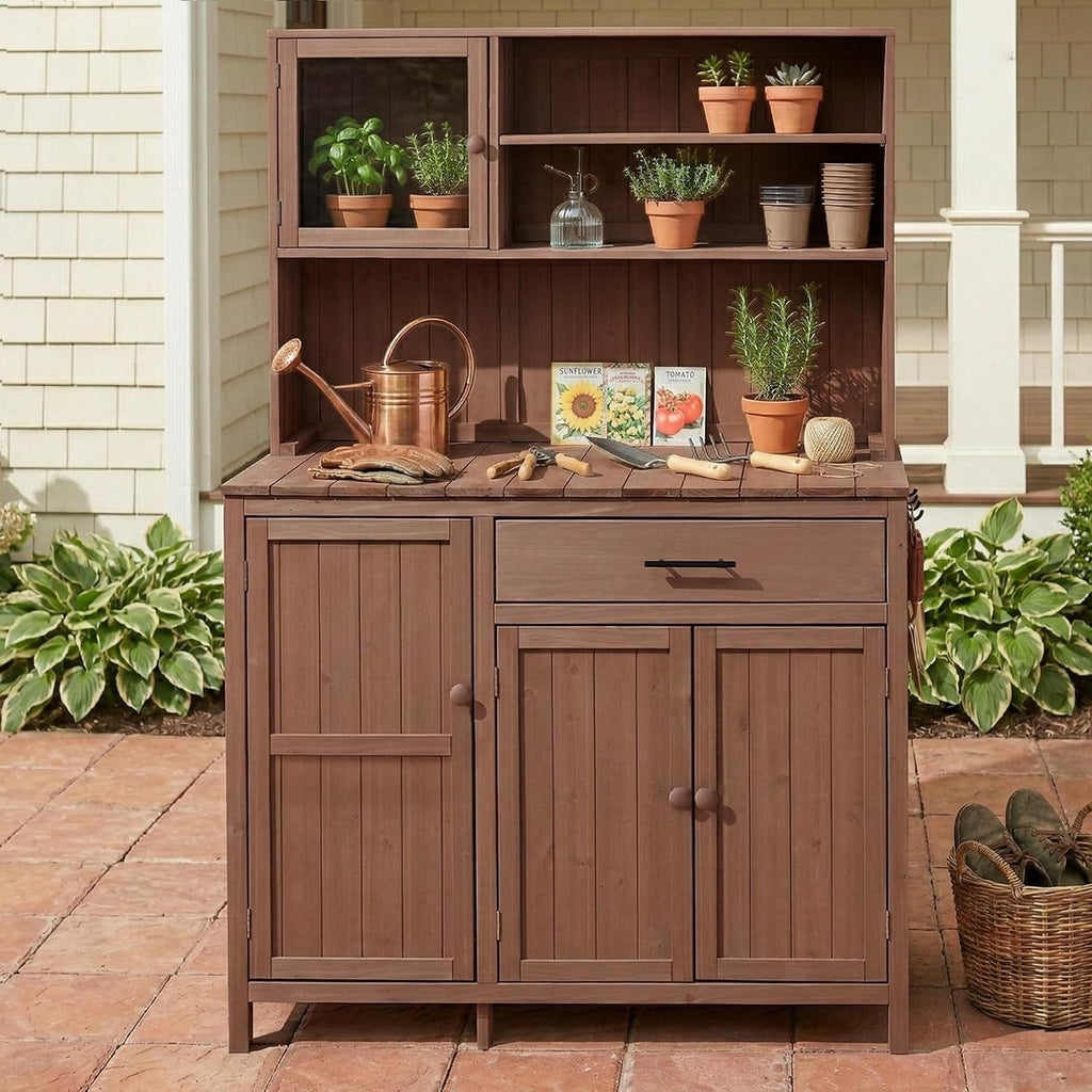 65' H Potting Bench with Hutch, Solid Fir Wood Patio Kitchen Island with Adjustable Shelves, 2-Tier Inner Spice Rack in Door, Side Hook and Drawer, Large Countertop, Magnetic Stoppers (Brown-115)