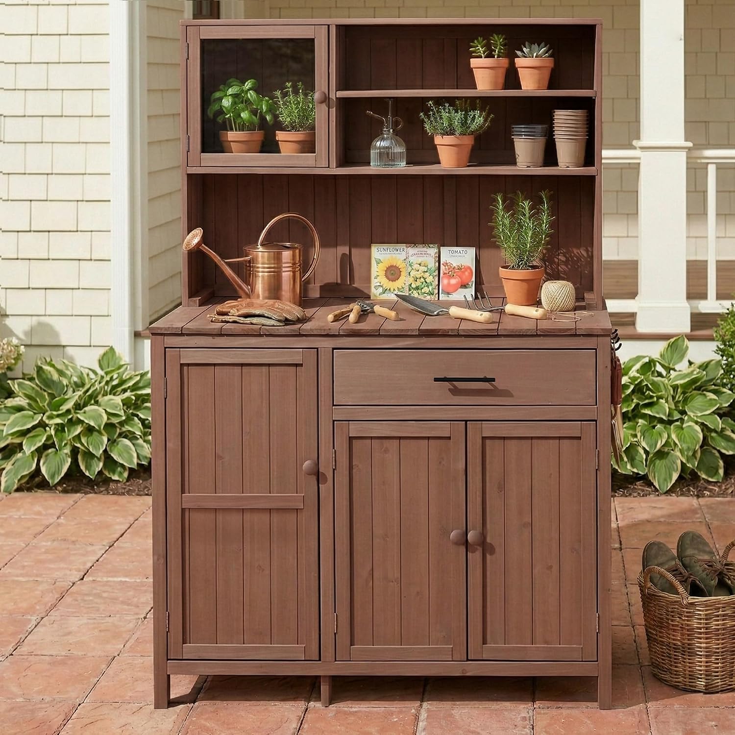 Potting Bench with Hutch, 65' H Solid Fir Wood Garden Workstation, Large Countertop, Patio Kitchen Island with Adjustable Shelves, Spice Rack, Side Hook and Drawer (Brown-P1)