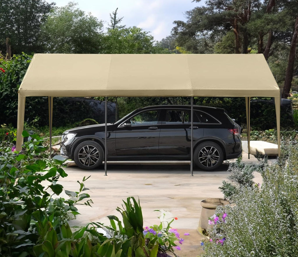 10x20 FT Heavy Duty Carport Car Tent Car Canopy Storage Shed, Portable Garage with Removable Sidewalls & Doors All-Season Tarp for Car,Truck,SUV,Party Beige
