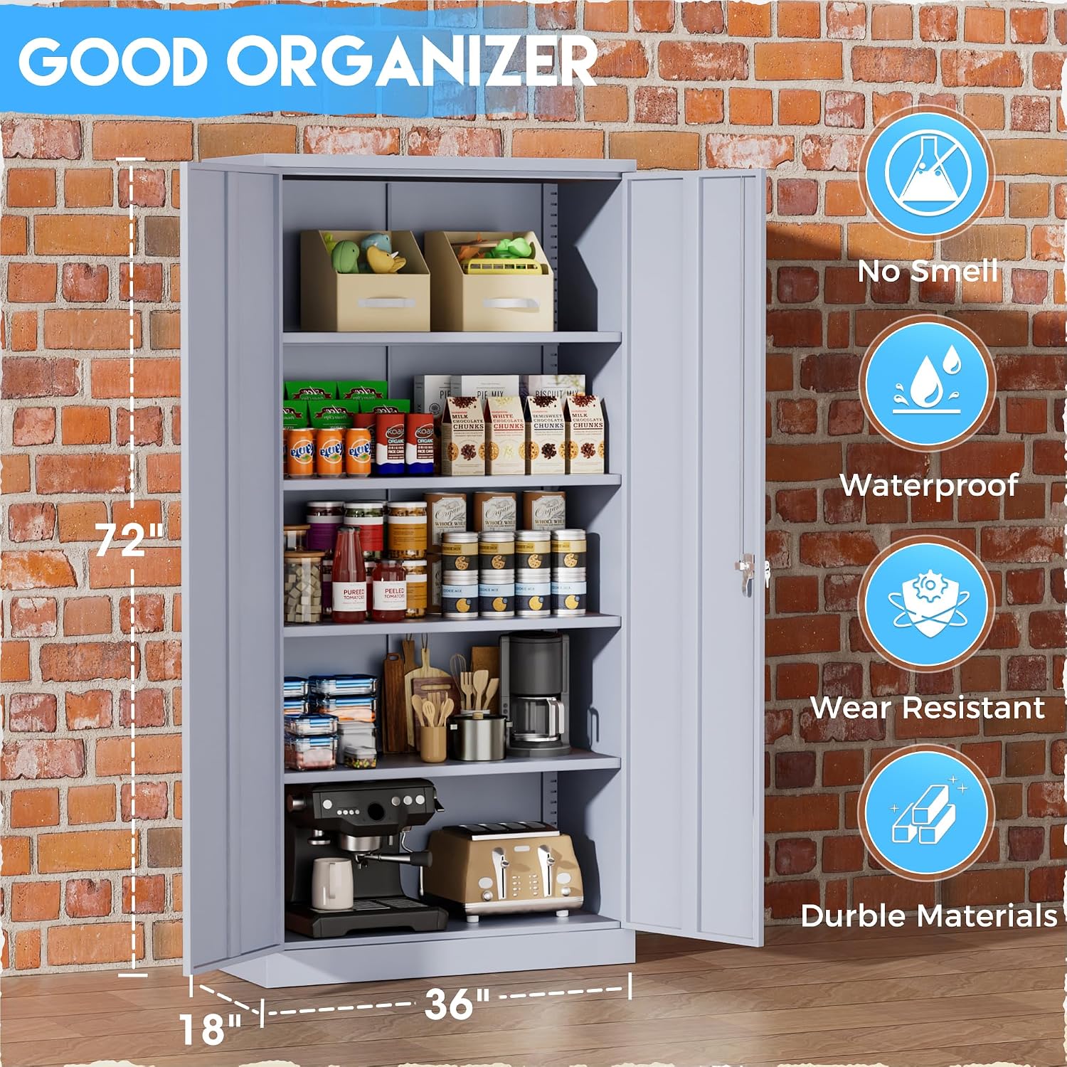 Greenvelly Metal Storage Cabinet with Doors, 72' Lockable Steel Garage Storage Cabinet with Shelves, Dark Grey 36' W x 18' D