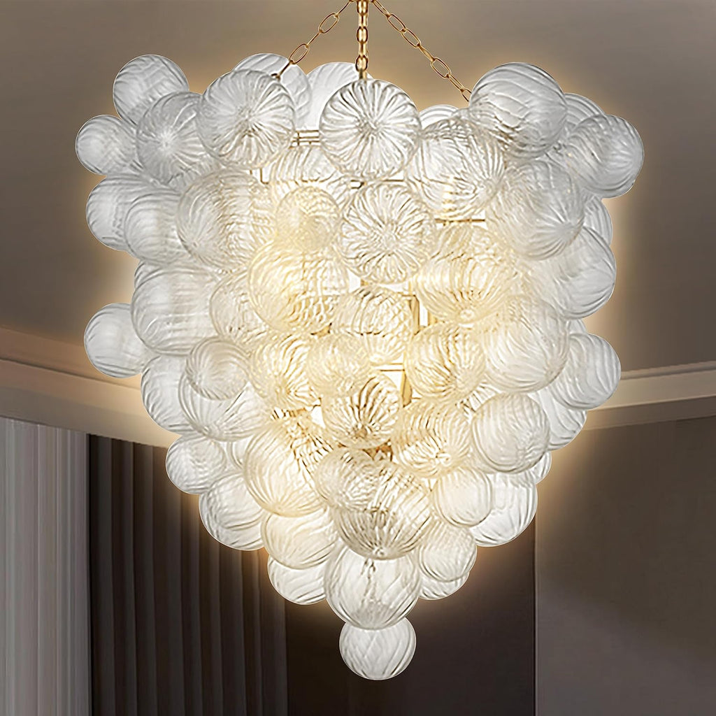 Longree Mid Century Bubble Ball Swirled Glass Chandelier, 36 * 44 in. 2-Tier Frame Gild Gold and Clear Blown Glass Large Cluster Bbble Pendant Light Fixture for Bedroom Restaurant Dining Room
