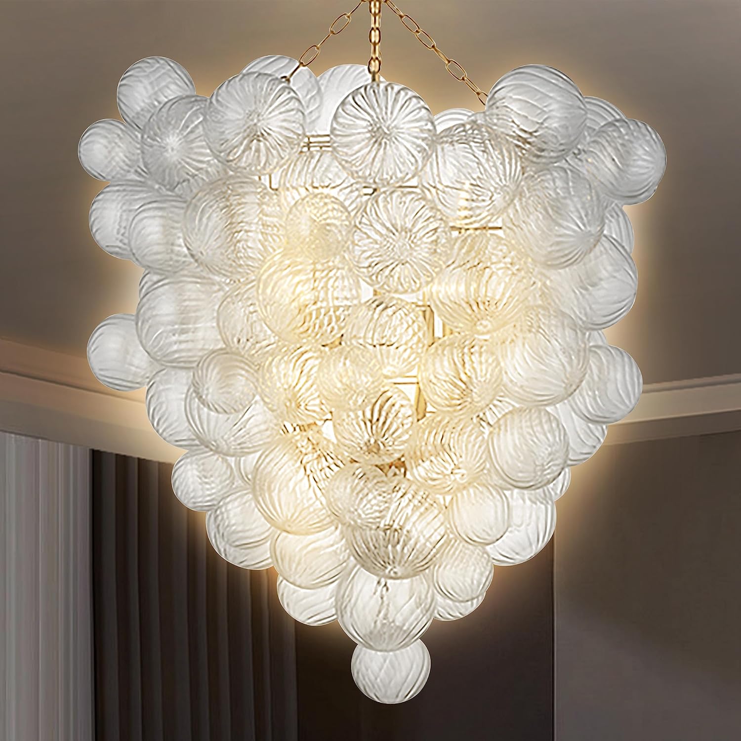 Longree Mid Century Bubble Ball Swirled Glass Chandelier, 36 * 44 in. 2-Tier Frame Gild Gold and Clear Blown Glass Large Cluster Bbble Pendant Light Fixture for Bedroom Restaurant Dining Room