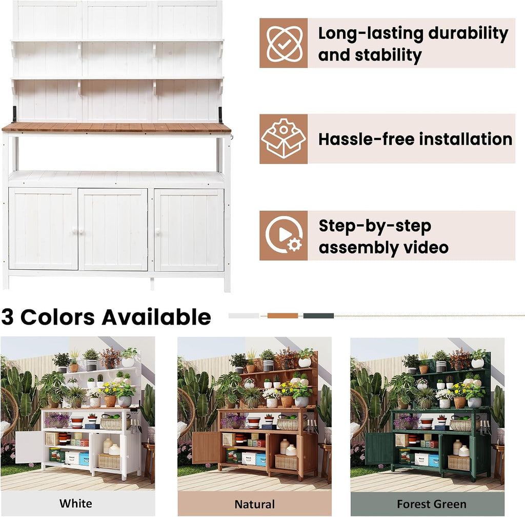 JIVOIT Outdoor Garden Potting Bench Table, 50.2' Solid Fir Wood Garden Workstation Work Bench, Outdoor Planting Table with Hutch, Large Countertop, 2 Shelves, 2 Cabinets, 3 Side Hooks
