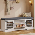 UPOSOJA Farmhouse Storage Bench with Flip Drawers & Padded Seat Cushion, Half Hidden Shoe Rack Organizer, Adjustable Shelf Shoe Cabinet for Entryway, Bedroom, Living Room (White, 57IN)