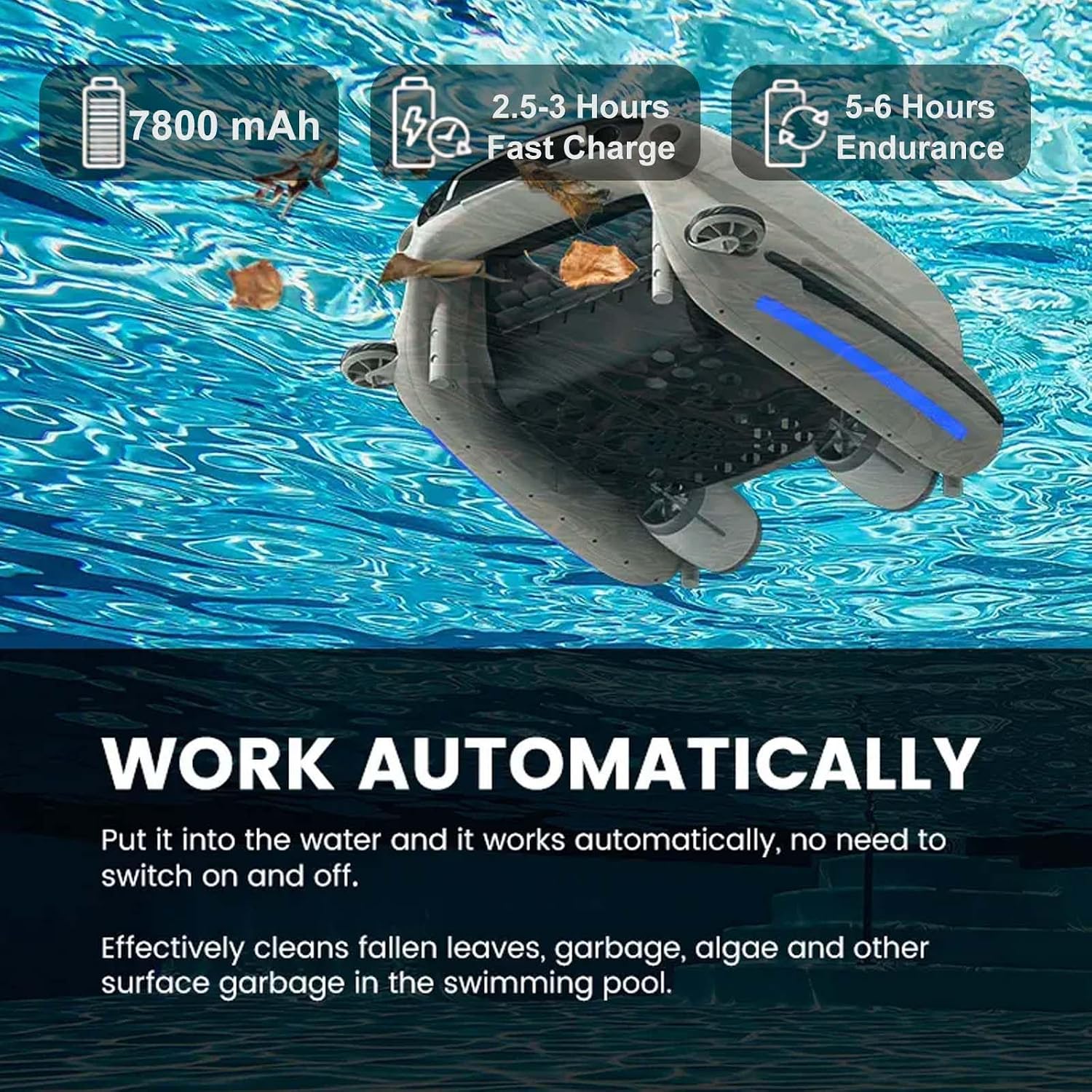 Cordless Pool Cleaner,Robot Swimming Pool Cleaner, Multiple Cleaning Modes,5-6 Hour Runtime,Battery 7800Mah,for Home, Hotel, Courtyard