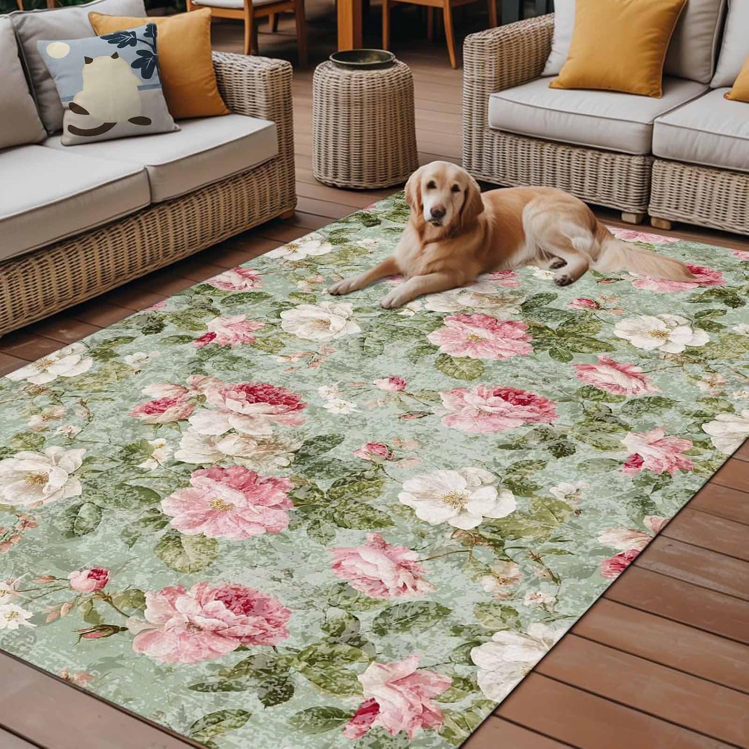White Pink Flower Outdoor Rug for Patio/Deck/Porch, Non-Slip Large Area Rug 6 x 9 Ft, Shabby Chic Spring Vintage Leaf Green Indoor Outdoor Rugs Washable Area Rugs, Reversible Camping Rug Carpet Runner