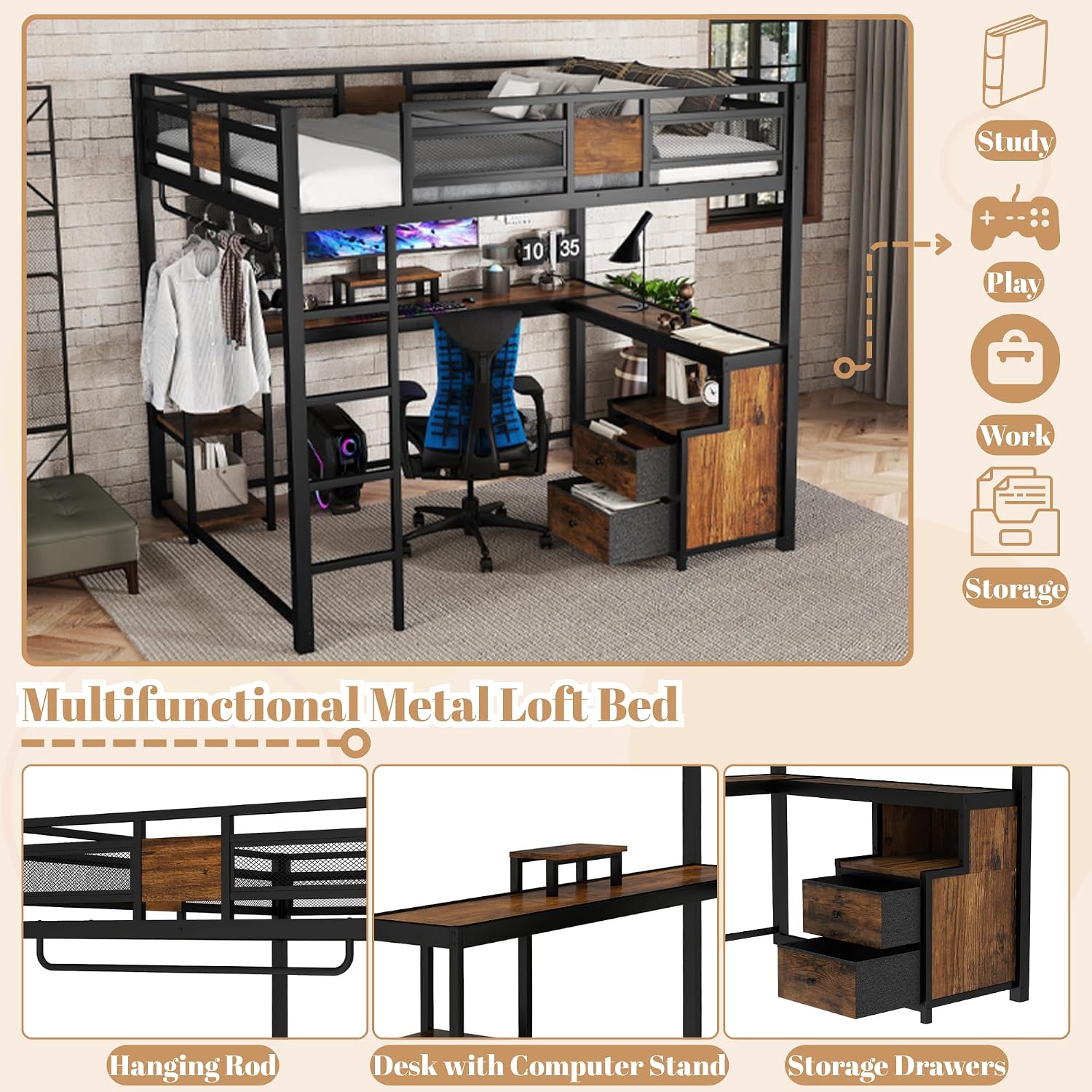 Bellemave Queen Loft Bed with Storage Drawers and L-Shaped Desk, Metal Loft Bed Frame with Computer Monitor Stand, Hang Rod, and Multi-Function Shelves, Loftbed with Noise-Free Design, Black