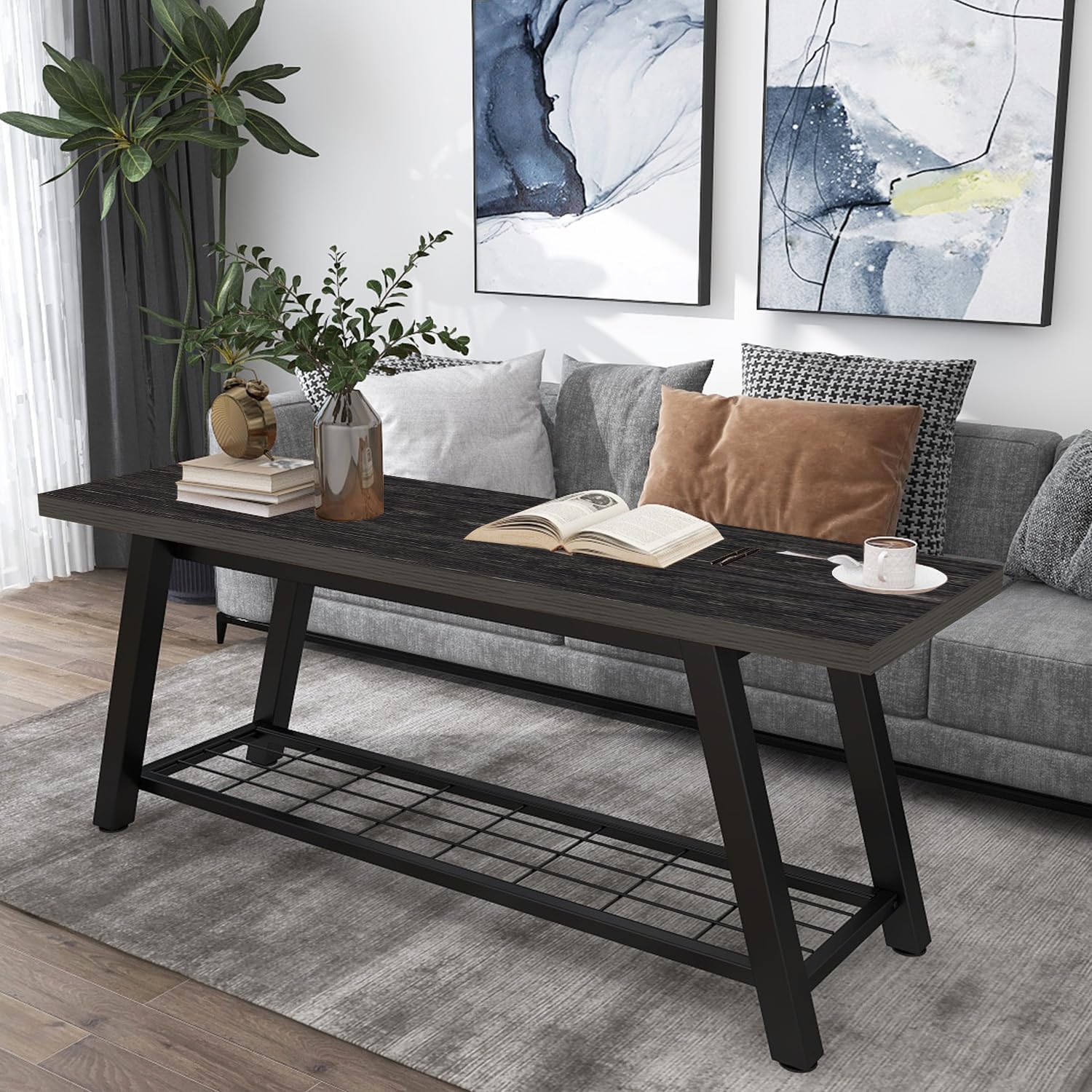 Oastreeful Industrial Entryway Bench Rustic Wood and Metal Storage Bench for Indoor Living Dining Room Bedroom Long Shoe Benches Seat (Charcoal Black)