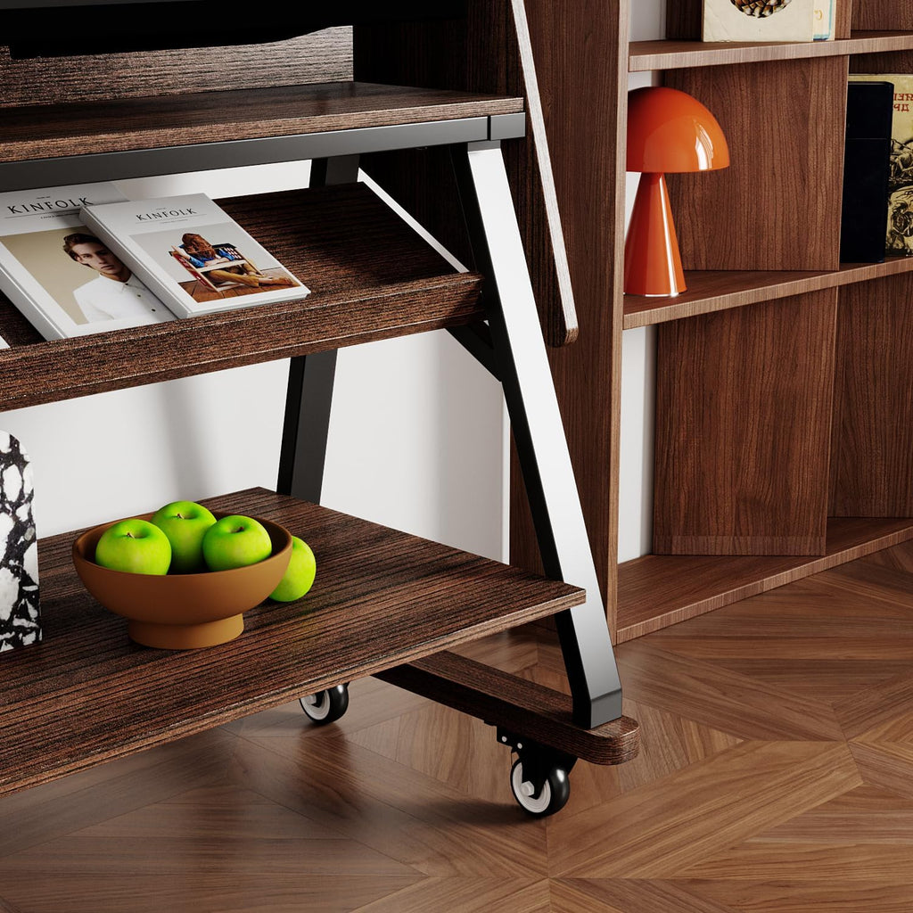 60' W Mobile TV Stand with Mount, Rolling Floor Media Console TV Cart, Wood Corner Monitor Stand with Shelves & Charging Station, for LCD/LED Flat Screens in Home Office, Brown Wood