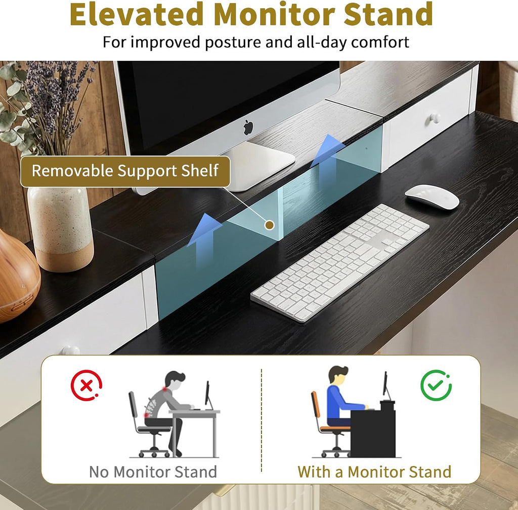 Fluted L Shaped Executive Desk with 6 Drawers & Monitor Stand, Home Office Computer Writing Desk with Power Outlets, File Drawer, Wood Corner Workstation Desk with Storage for Study, Bedroom(White)