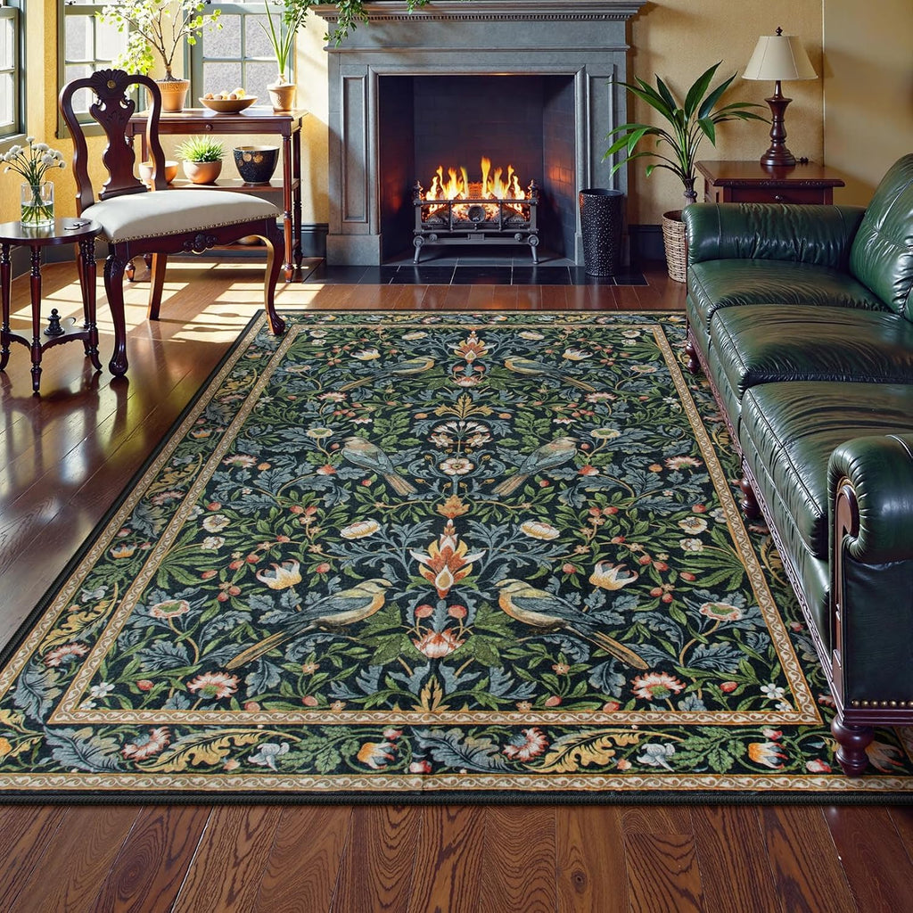 Morebes Boho Living Room Rug 8x10, Washable Kids Playroom Area Rug Non Slip, Soft Large Botanical Flower Indoor Floor Throw Carpet for Bedroom Nursery Dining Room, Navy Blue