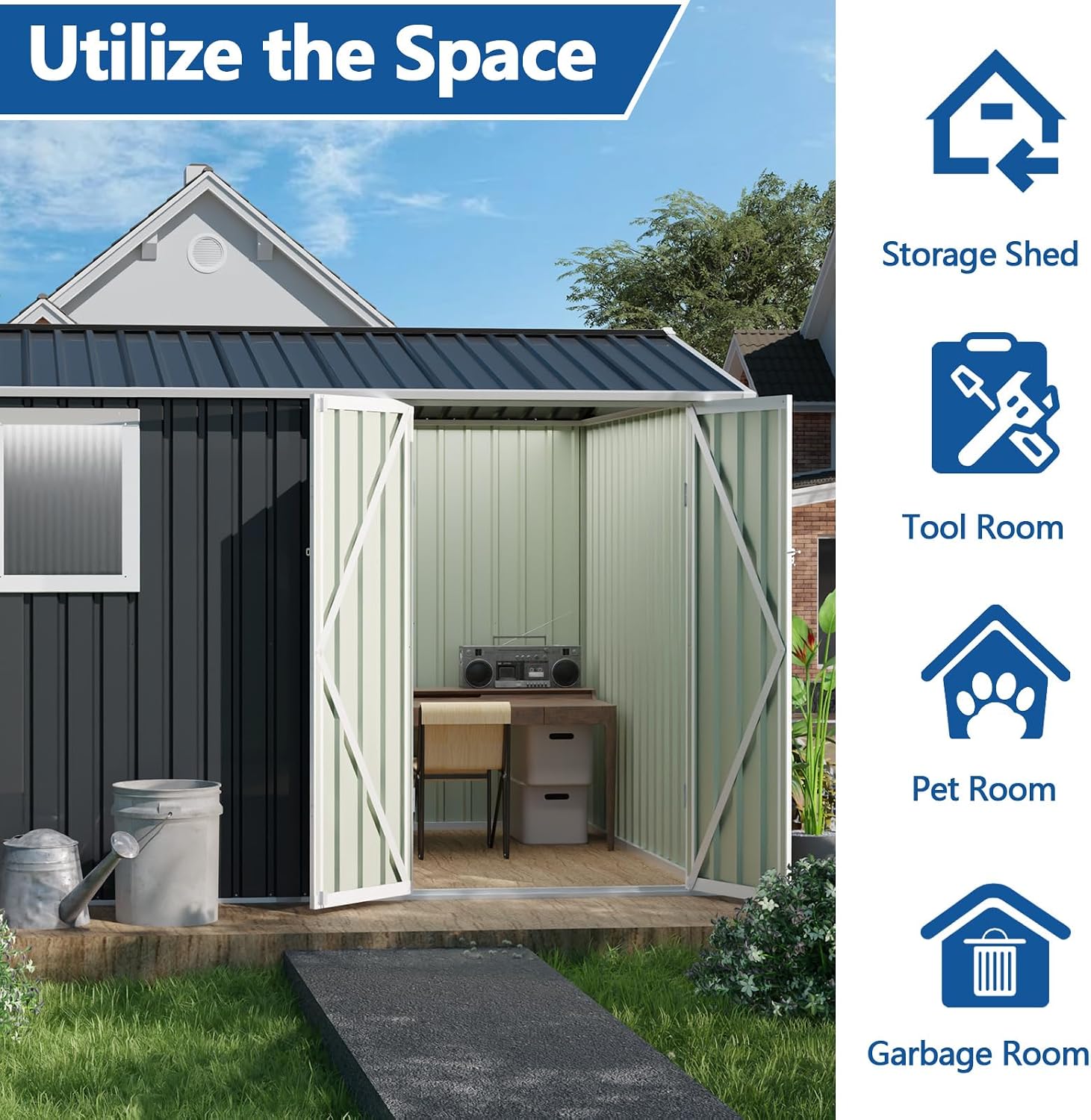 9.5 x 6.7FT Outdoor Storage Shed, Utility Tool Shed with Door & Lock Metal Storage Garden Shed for Patio Storage (Grey, 9.5 x 6.7FT)