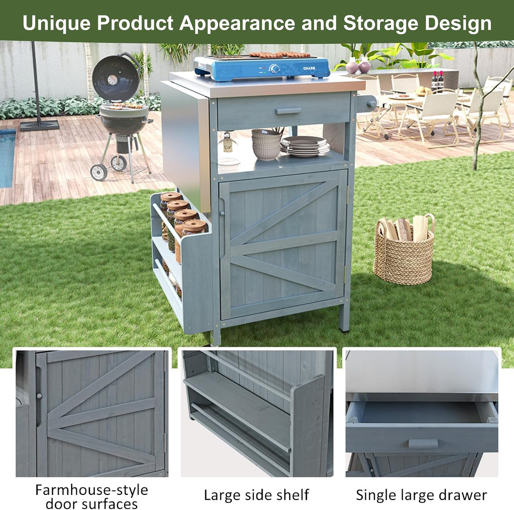40.5' Outdoor Grill Cart with Stainless Steel Top, Solid Wood Outdoor Storage Cabinet with Drop Leaf, One Drawer, Towel Rack, Rolling Kitchen Cart with Lockable Wheels for Lawn Garden, Blue