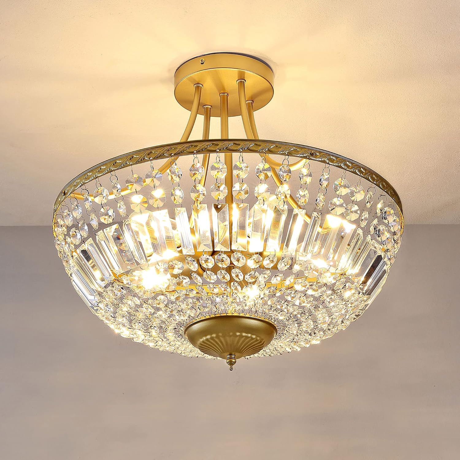 WINGBO 19.5 Inch Crystal Ceiling Light Fixture, 5-Light Raindrop Semi Flush Mount Chandelier, Modern Round Close to Ceiling Hanging Light for Living Room Dining Room Bedroom Hallway, Gold