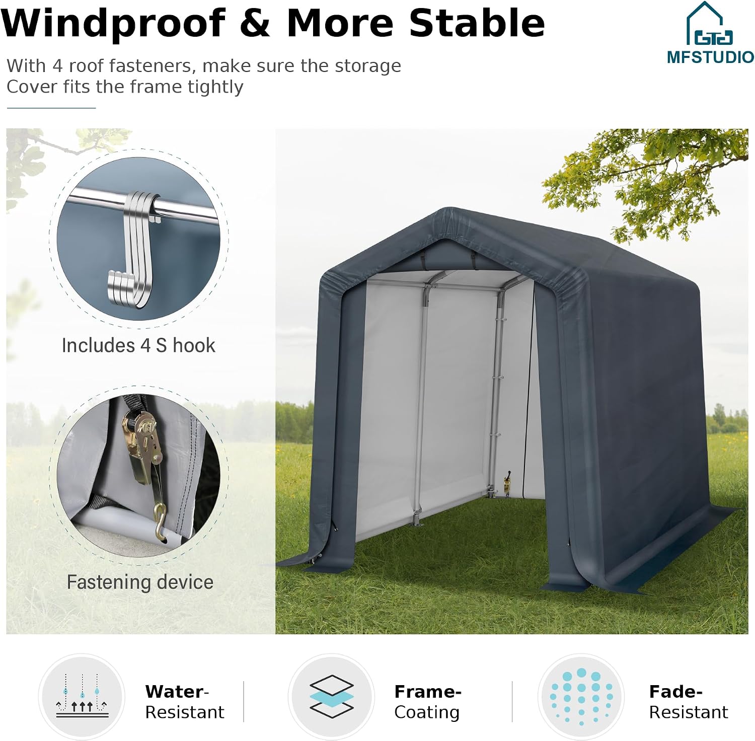 MFSTUDIO Portable Shed Garage, 6x10 Storage Tent Motorcycle Sheds Carport Heavy Duty Canopy with Rolled up Zipper Doors, Outside Utility Shelter Garages Tents for Motorcycles, Bicycles and Tools