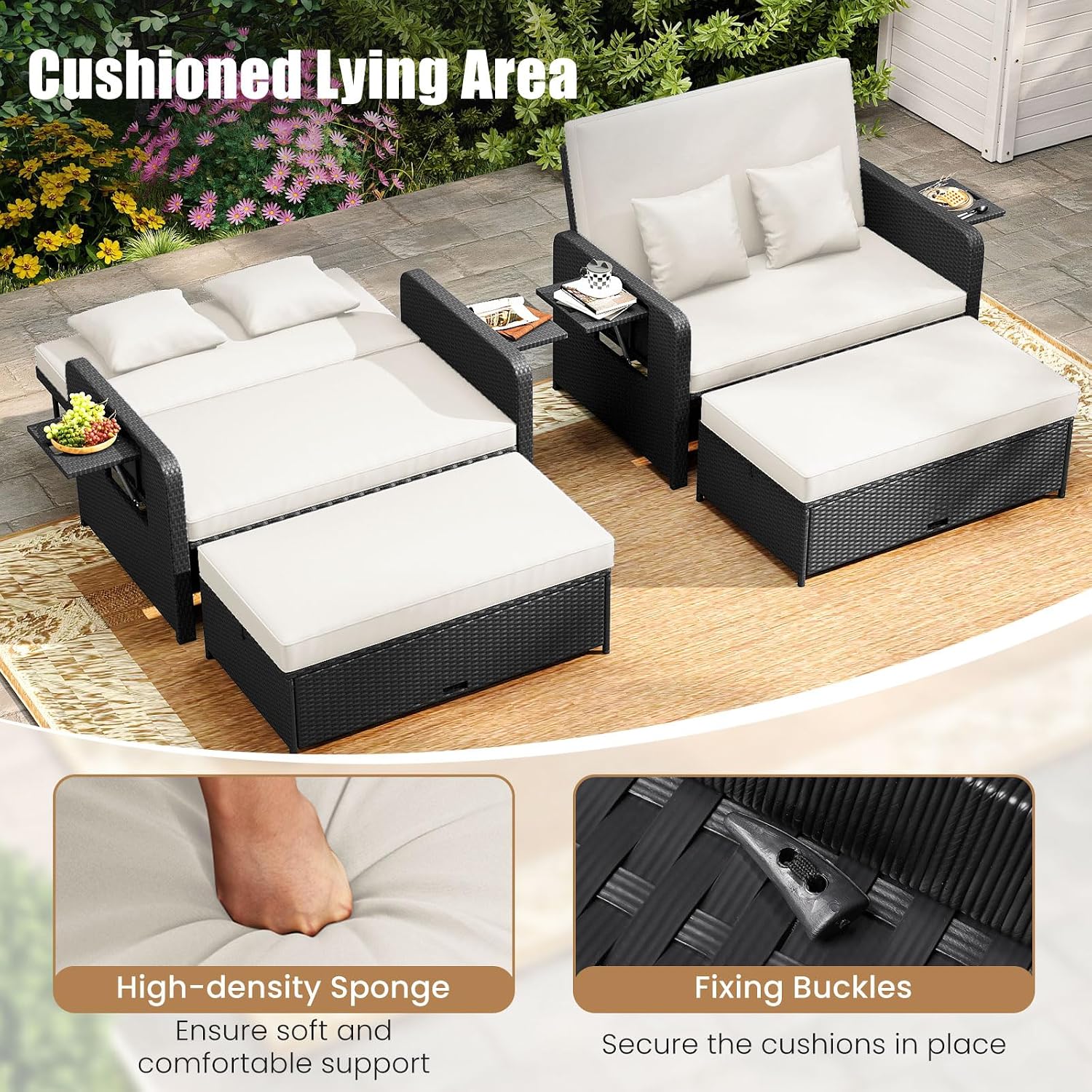 COSTWAY Patio Rattan Daybed with Cushions, Outdoor Wicker Loveseat Sofa with Storage Ottoman, 4-Level Adjustable Backrest, Bed Lounger for Yard, Balcony, Porch, Garden, Pool (Black+White)