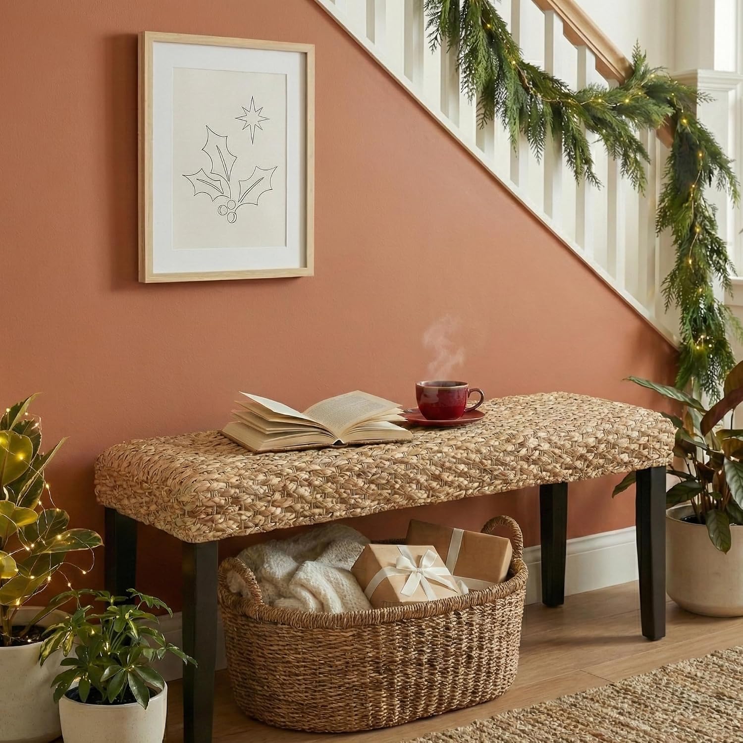 Solid Wood Acacia Indoor Bench with Natural Woven Seat, Boho Bench Entryway, Wood Bench for Living Room, Wooden Bench for Bedroom, Farmhouse Entryway Bench, Dining Benches (Black, Water Hyacinth)