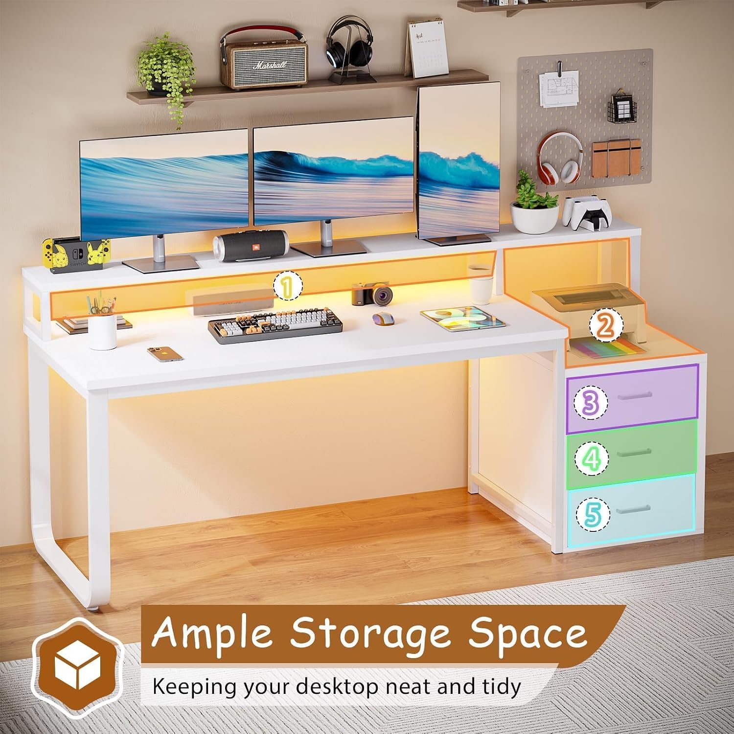 HOMBCK 67' Computer Desk with 3 Drawers, Home Office Desk with Long Monitor Stand and Printer Space, Office Desk with Storage & LED Lights, Writing Desk with Drawers, White