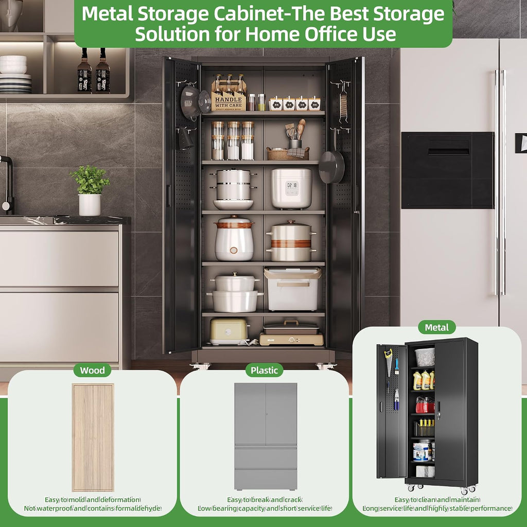 Reemoon 71' H Garage Storage Cabinets with 5 Adjustable Shelves and Door Pegboard,Metal Storage Cabinets with Wheels for Garage Home,Required Assembly,Black