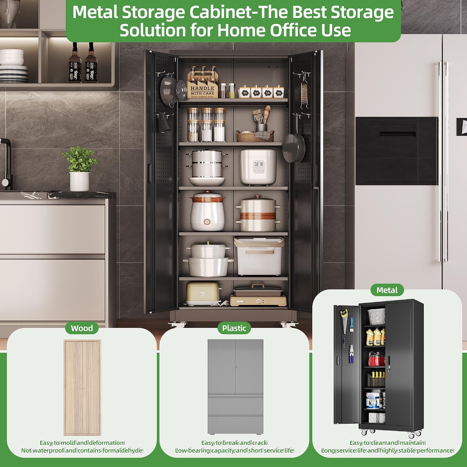 Reemoon 71' H Garage Storage Cabinets with 5 Adjustable Shelves and Door Pegboard,Metal Storage Cabinets with Wheels for Garage Home,Required Assembly,Black
