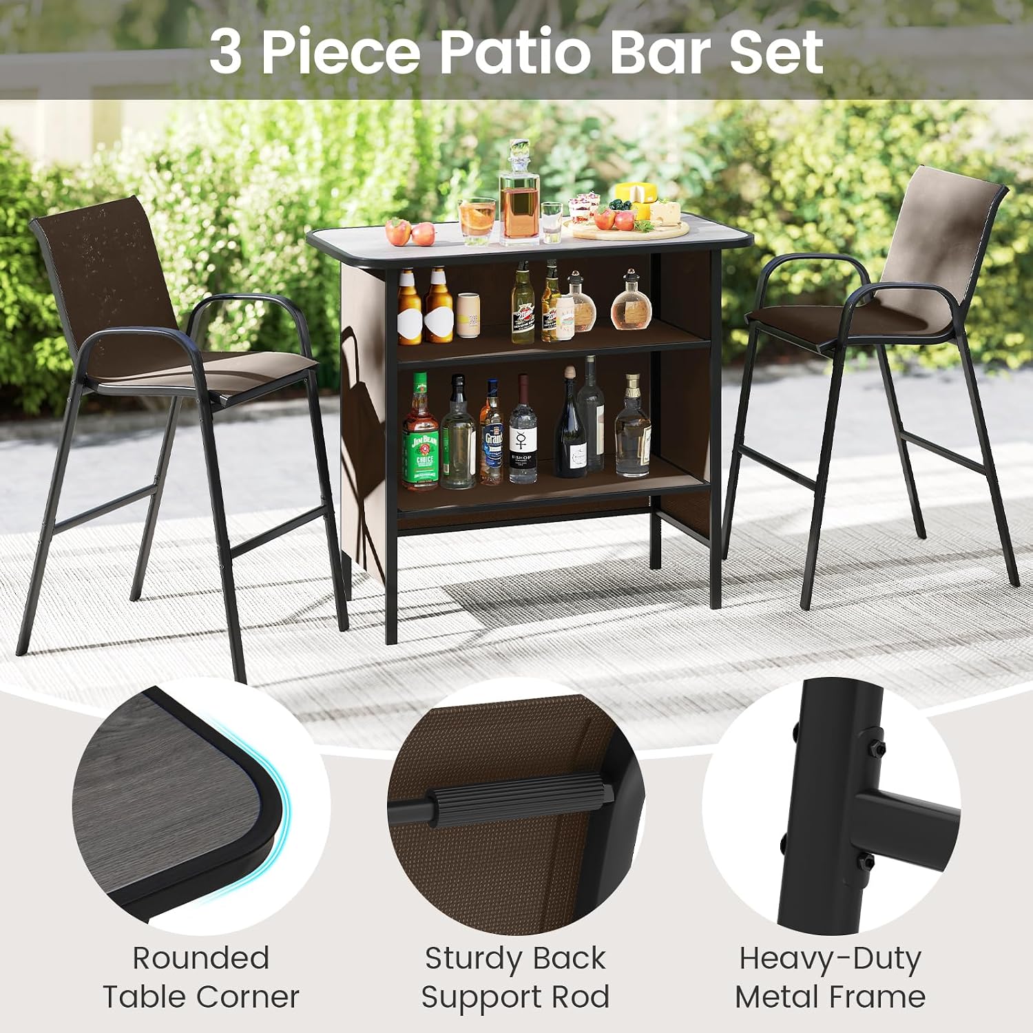 Tangkula 3 Piece Outdoor Bar Set, Patio Bar Height Table & Armchairs with Footrest, Wood Plastic Tabletop & 2-Tier Shelf, Heavy-Duty Metal Barstools & Table Furniture for Backyard, Poolside (Brown)