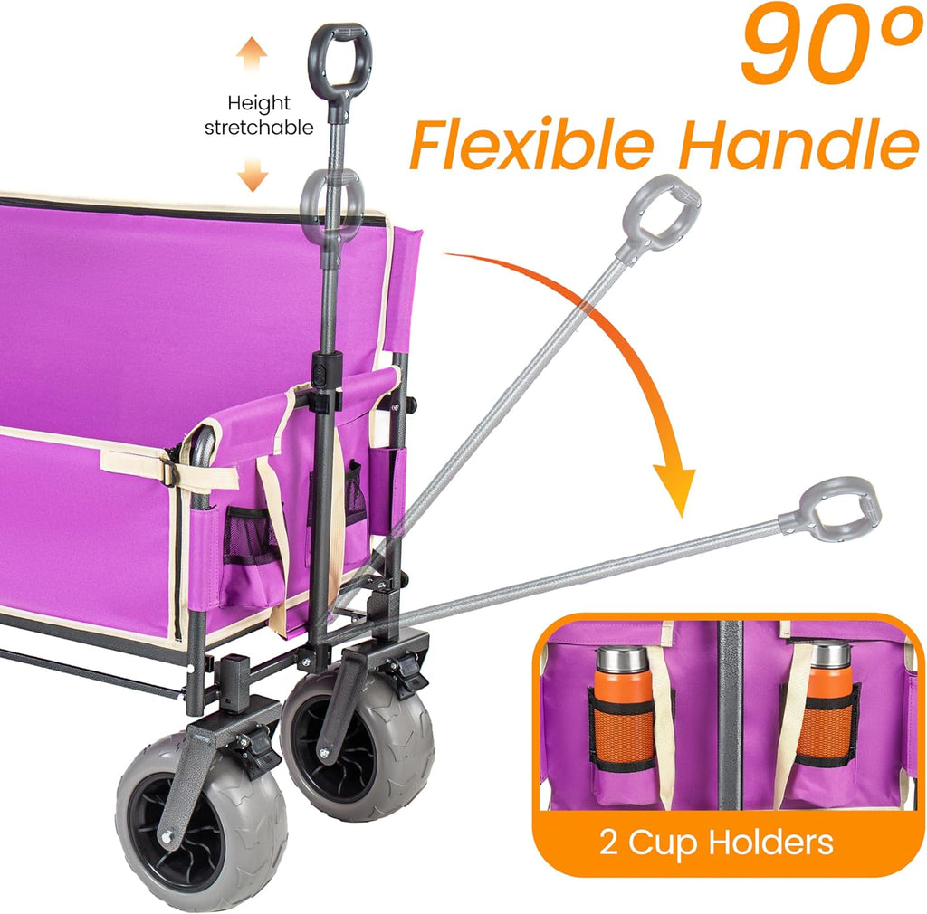 3-in-1 Folding Wagon with Bench Seat – 500lbs Capacity,Reinforced Carbon Steel Frame, 180L Cargo Space– Perfect for Camping, Beach, Outdoor Events & Heavy-Duty Hauling (Purple + Carport)