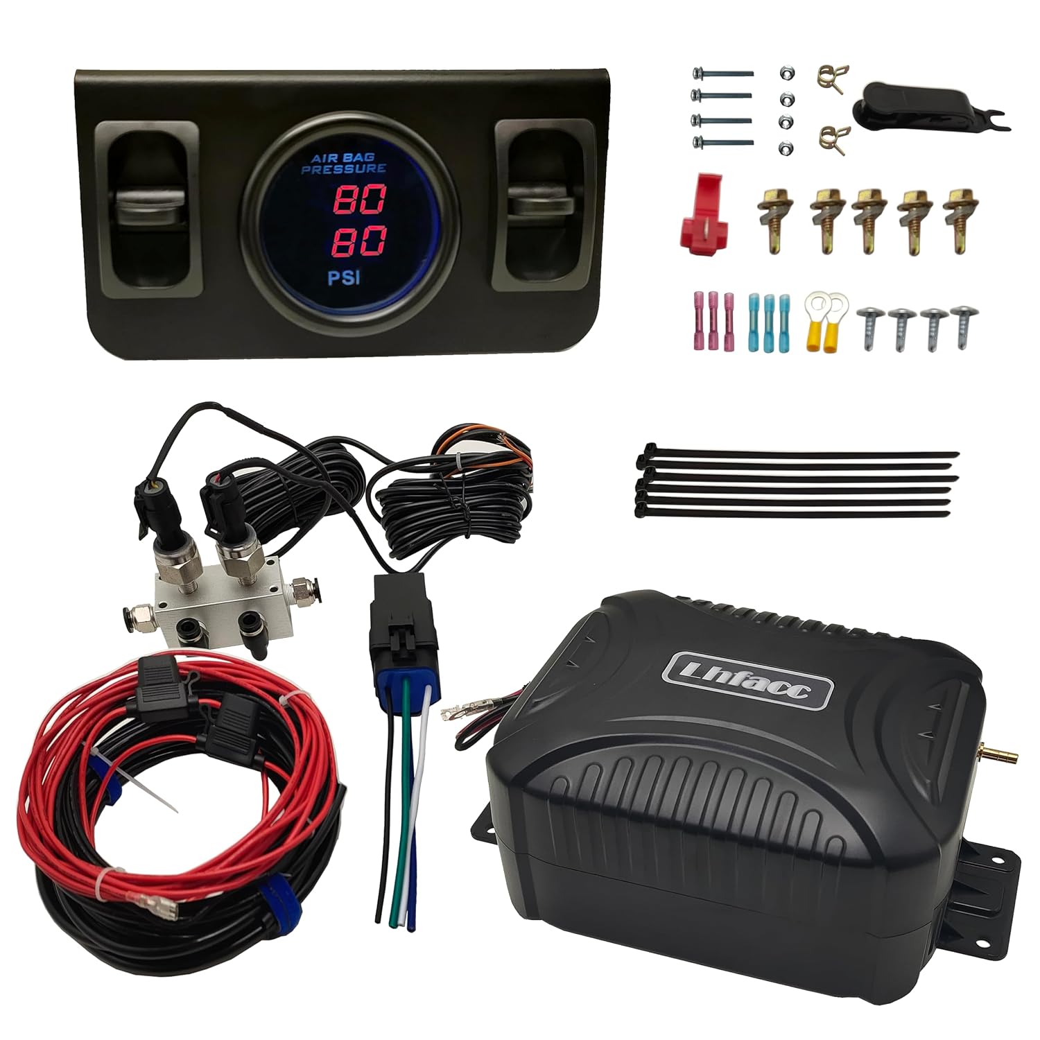 On Board Air Compressor System Air Pump System with Digital Dual Path Air Gauge Paddle Valve Gauge Air Line T Fittings for Trucks Vans (Red)
