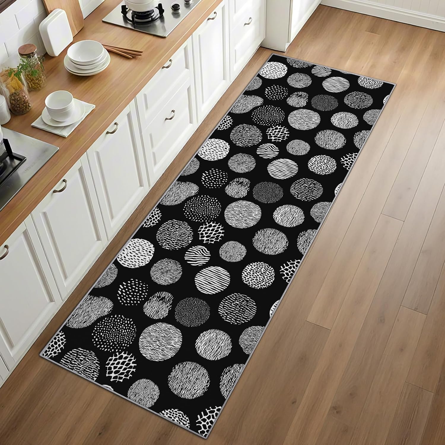 Polka Dot Runner Rug for Hallway - 4x12 Washable Rug Runner Non Slip - Geometric Modern Minimalist Kitchen Rugs - Black and White Dots Carpet Runners for Hallway, Laundry Room, Bedroom