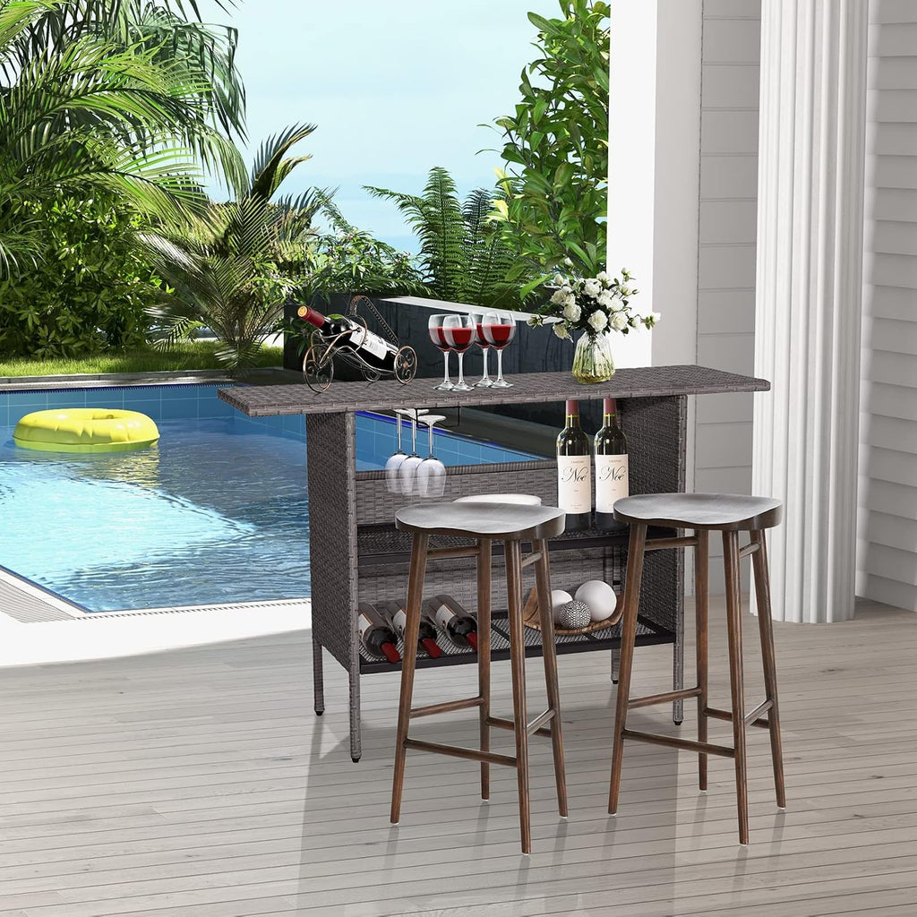 Giantex Outdoor Patio Wicker Bar Table, 2 Storage Shelves, 55''W Tabletop, Rails for Hanging Wine Glasses, Heavy-Duty Metal Frame, Bistro Rattan Bar Counter Table for Poolside Backyard (Mix Gray)