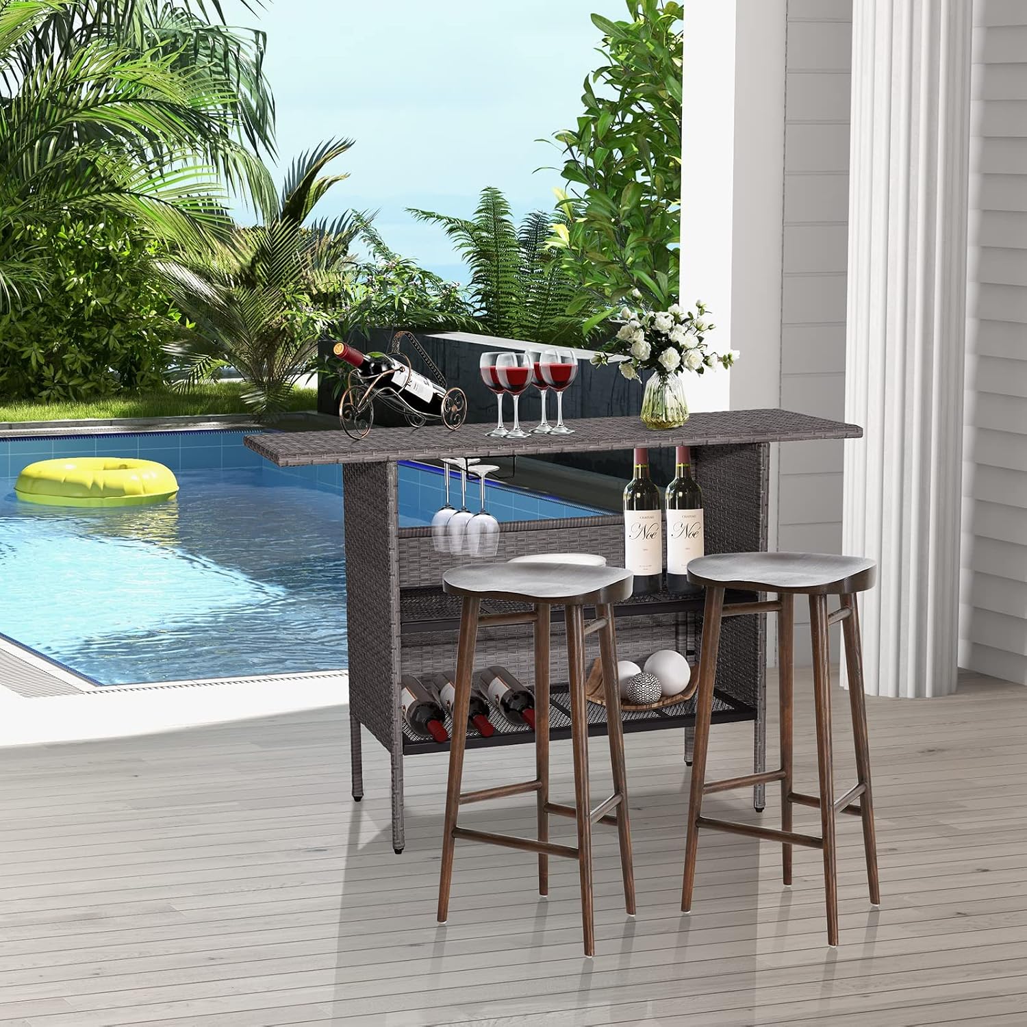 Giantex Outdoor Patio Wicker Bar Table, 2 Storage Shelves, 55''W Tabletop, Rails for Hanging Wine Glasses, Heavy-Duty Metal Frame, Bistro Rattan Bar Counter Table for Poolside Backyard (Mix Gray)