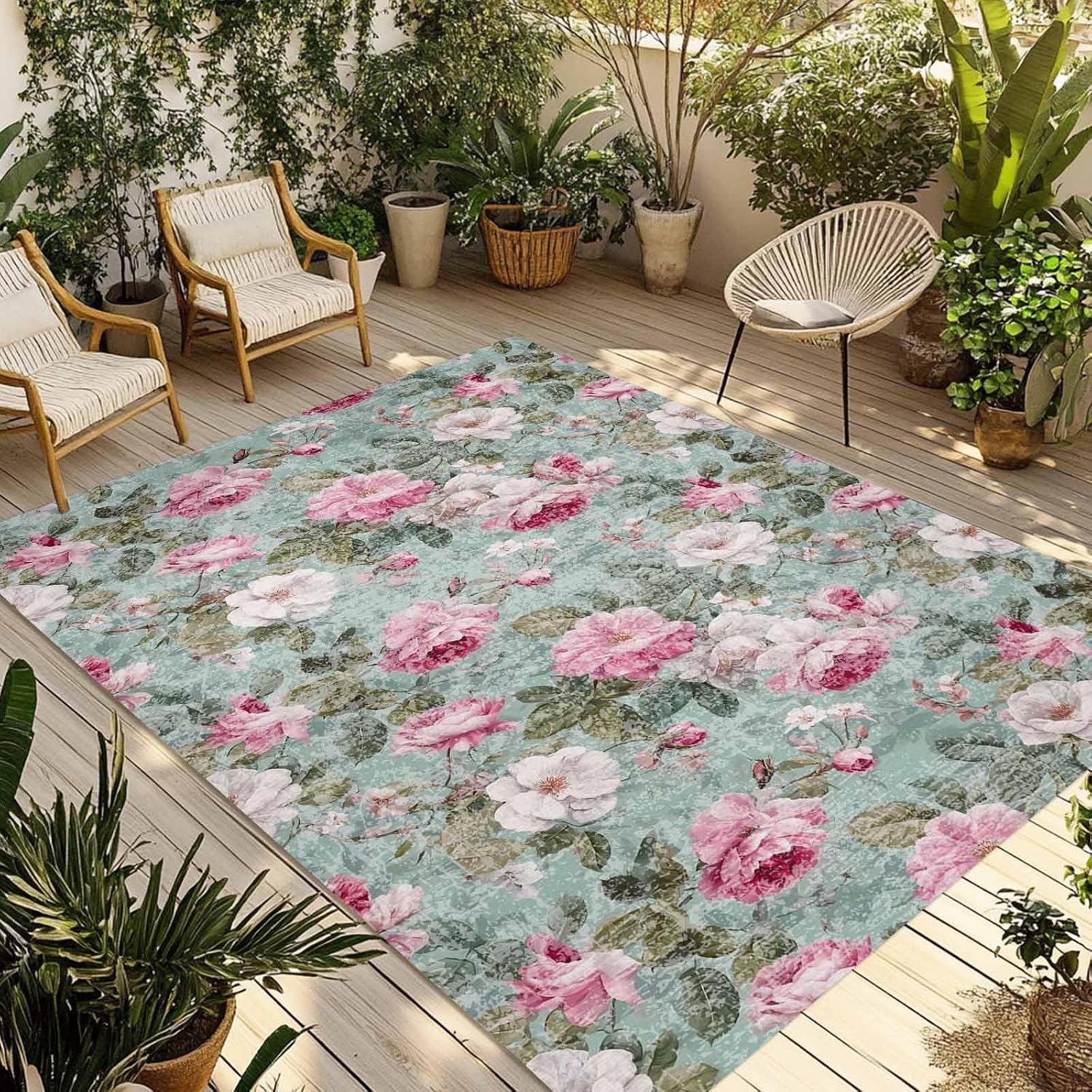 Vintage Spring Floral Outdoor Rug for Patio/Deck/Porch, Non-Slip Large Area Rug 6 x 9 Ft, Botanical Summer Pink Green Indoor Outdoor Rugs Washable Area Rugs, Reversible Camping Rug Carpet Runner