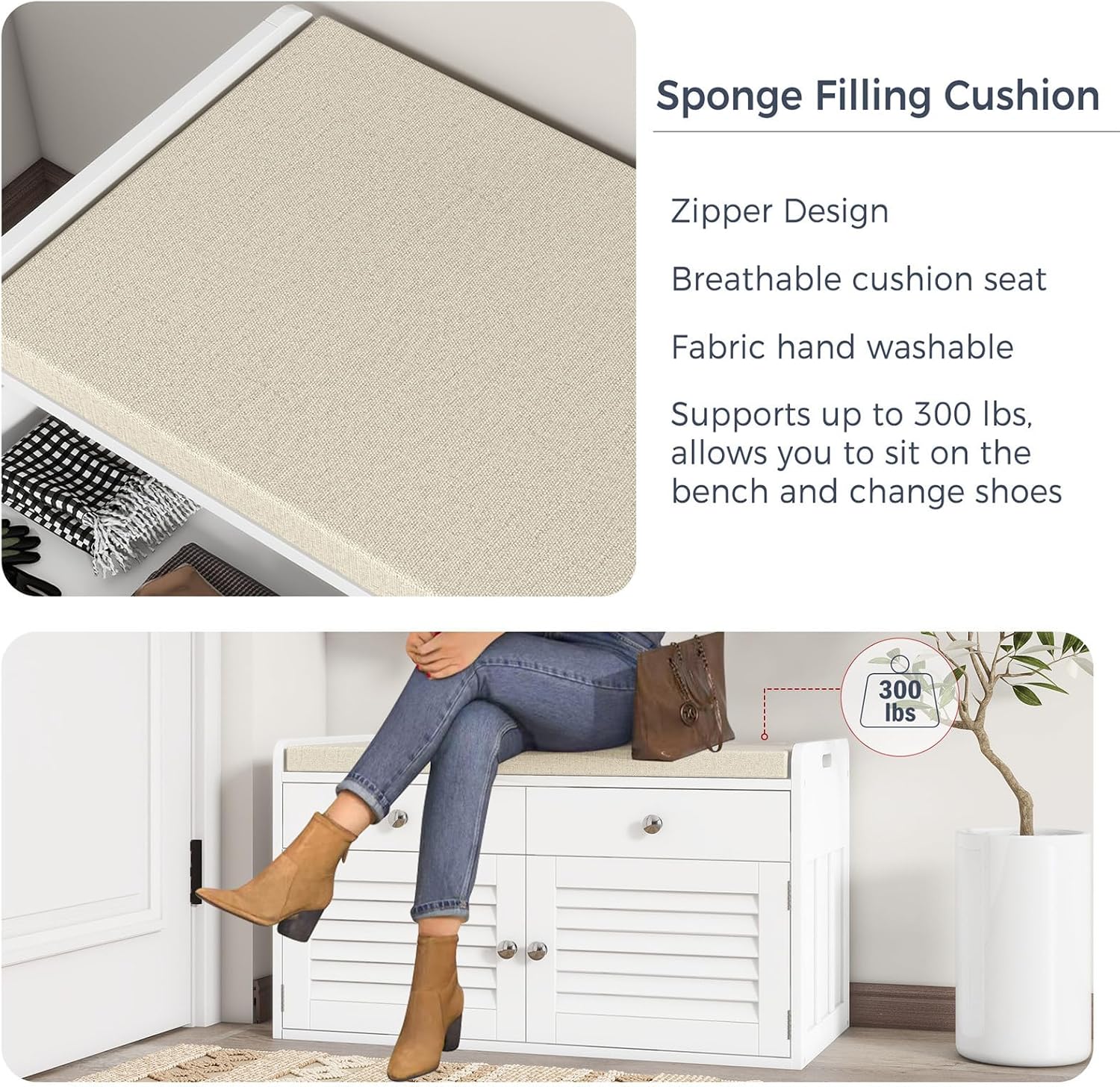 WARMHONIU Shoe Storage Bench with 2 Drawers, Entryway Bench with Cushion, Adjustable Shelves, Shoe Rack Bench with Louvered Doors for Entryway, Bedroom, Hallway, White