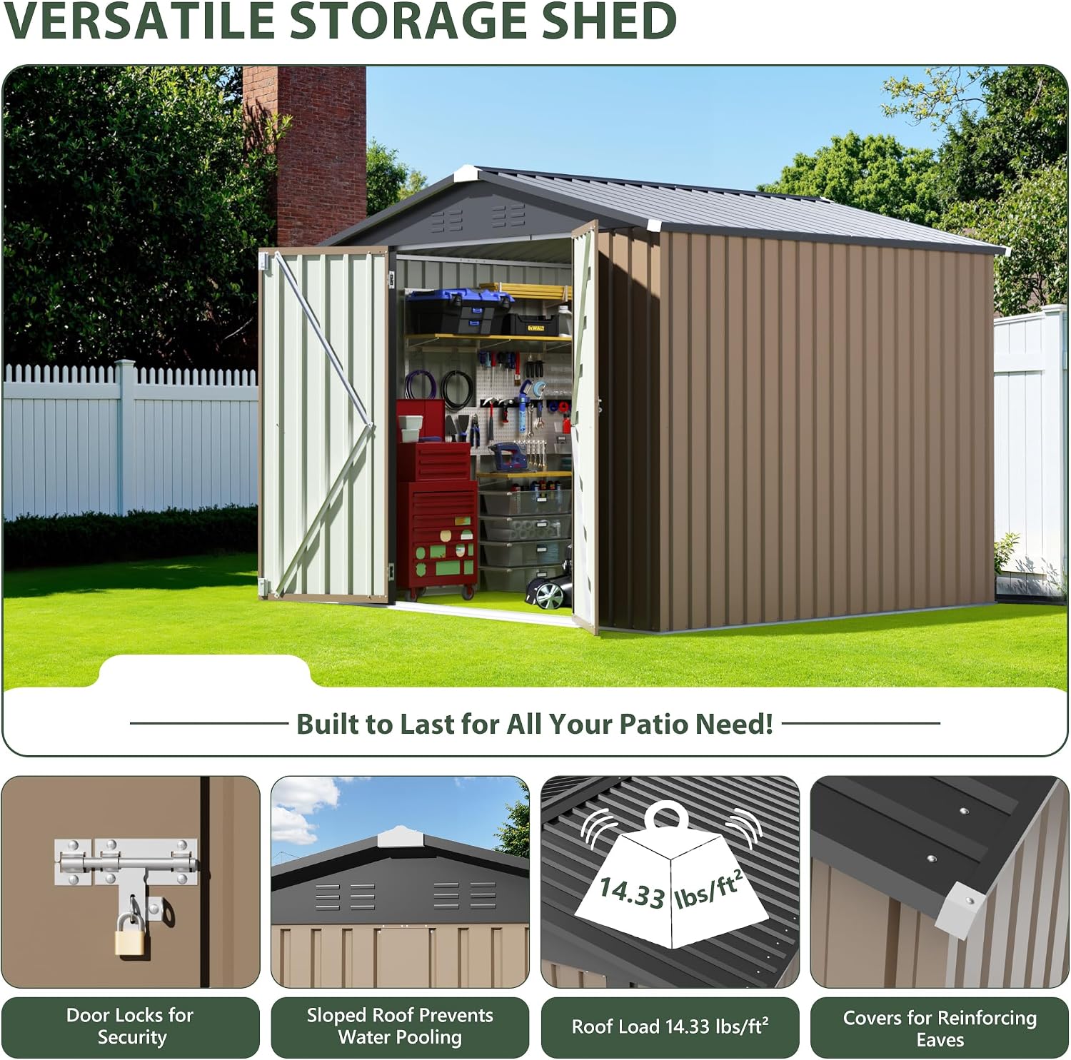 JUMMICO 8x8 FT Outdoor Storage Shed, Heavy Duty Tool Metal Sheds with Lockable Doors and Updated Frame Structure for Backyard Patio Lawn, Brown