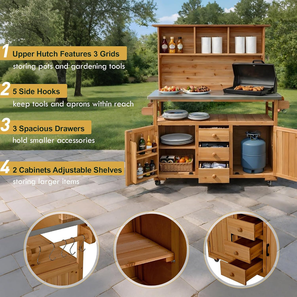 Versatile Garden Potting Bench with Stainless Steel Countertop, Outdoor Workstation for BBQ & Patio Cooking, Mobile Storage Cart Kitchen Island with Wheels (Natural/B)