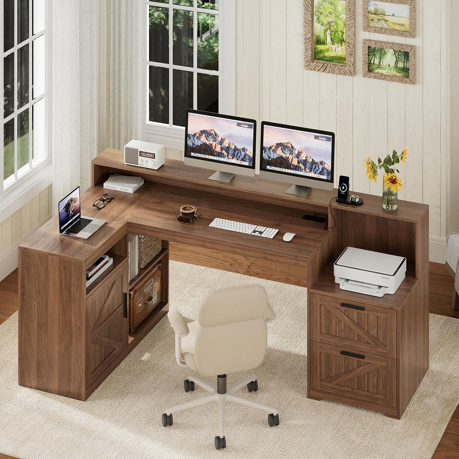 TVU Farmhouse L Shaped Desk with Drawers, 62.2' Home Office Desk with Storage Shelves and Power Outlet, L Shaped Computer Desk with Monitor Stand and Printer Shelf, Brown