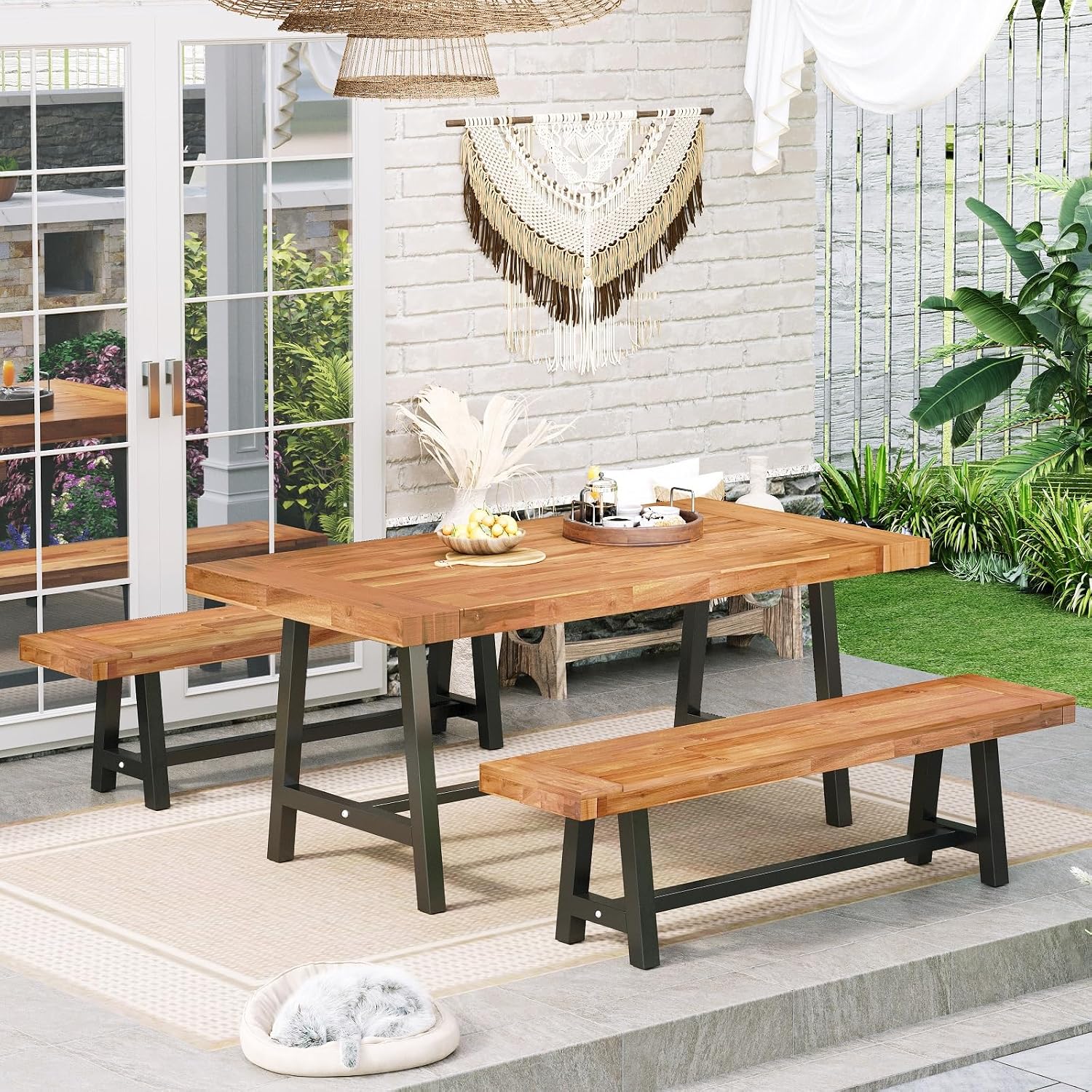 Sophia & William Outdoor Bench Garden Bench Wood 63', Patio Dining Bench Weatherproof, Wooden Park Front Porch Benches for Outside, Backless Acacia Wood Bench Long Narrow Clearance, Teak