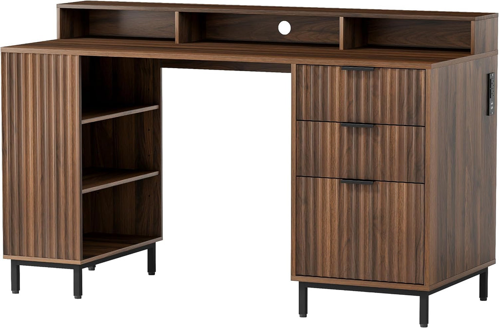 EYYTHUNG Brown Fluted Executive Desk with Storage Shelf & File Drawer, 55' Modern Wood Office Desk with Monitor Stand & Charging Station, Home Writing Computer Table for Work Study