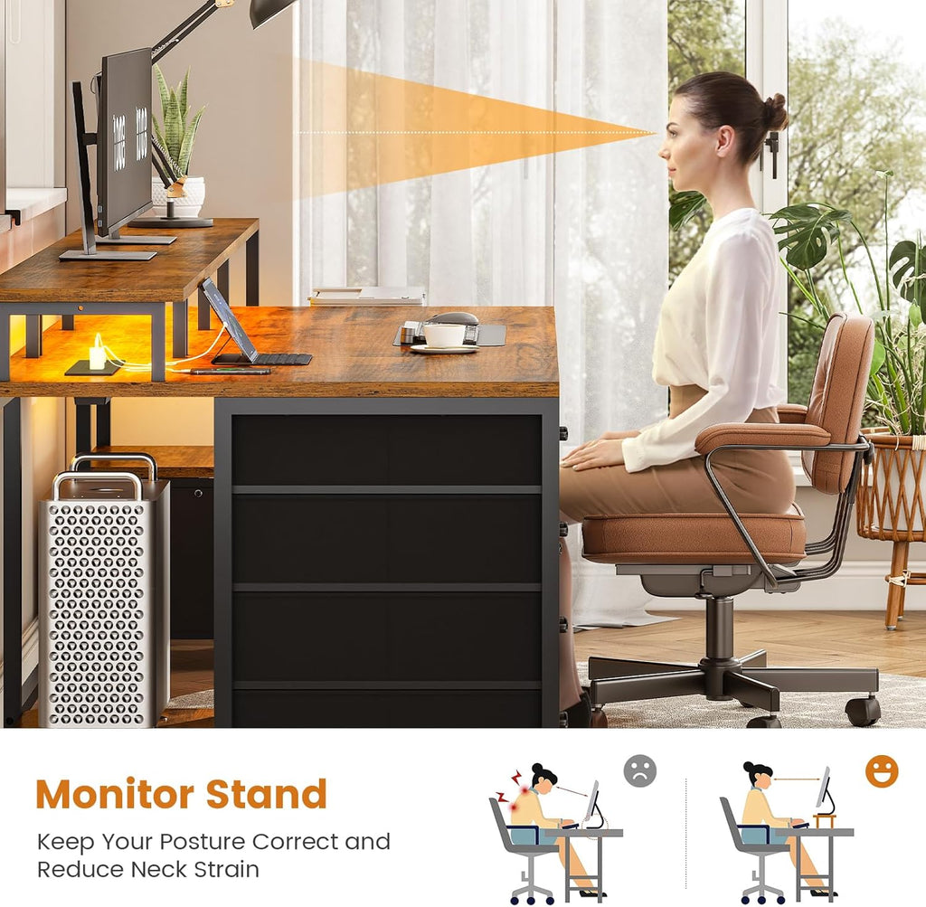 SEDETA Home Office Desk with File Drawer & Power Outlet, 75'' Large Computer Desk with 5 Drawer, Storage Shelves, Monitor Shelf and Led Lights, 23.6' W Desktop Gaming Desk, Rustic Brown